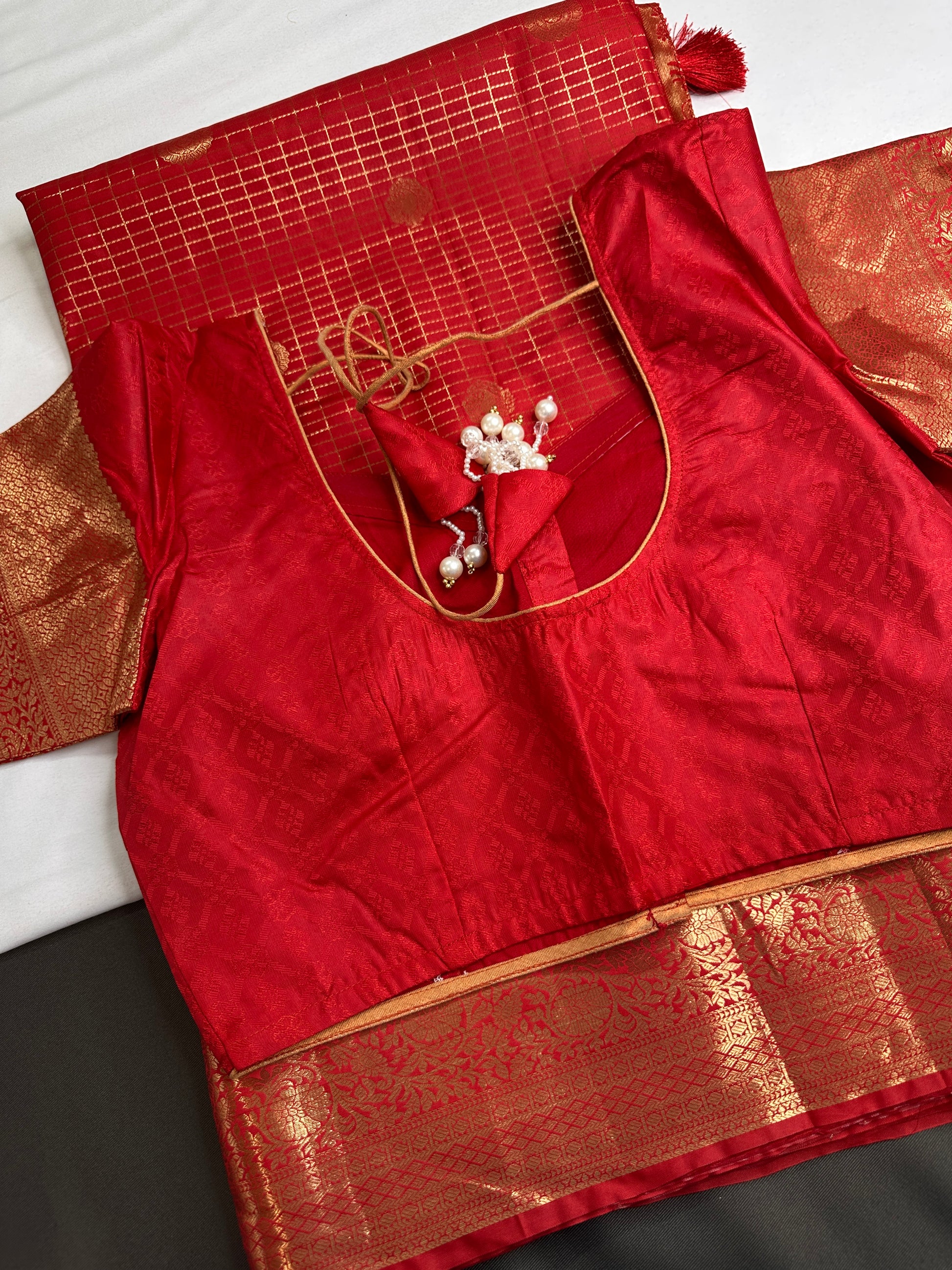Kanch Light Weight Semi Silk Red Checked Saree - 