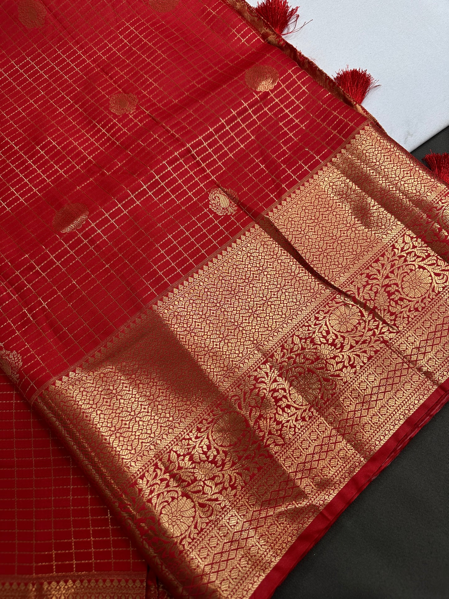 Kanch Light Weight Semi Silk Red Checked Saree - 