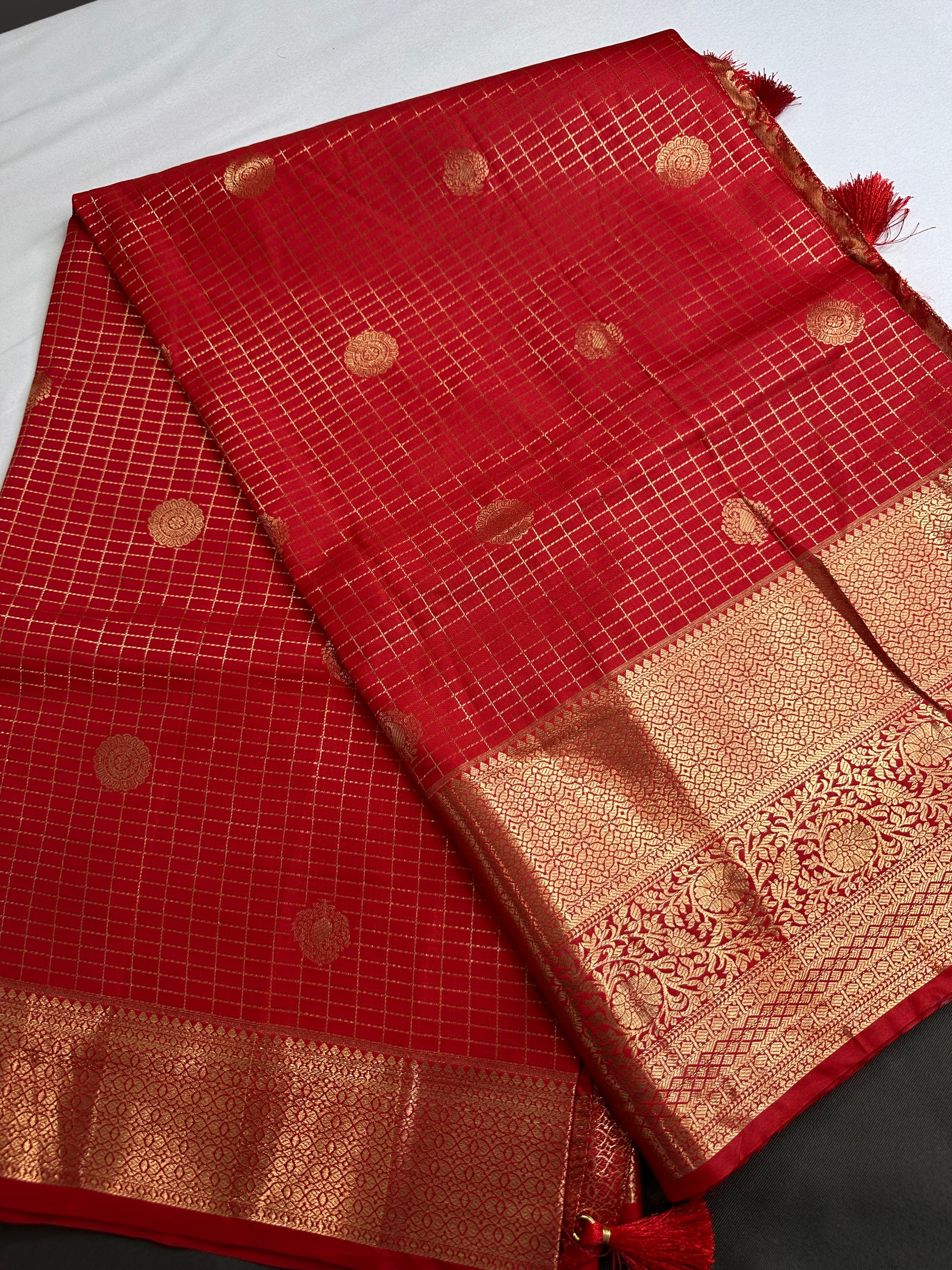Kanch Light Weight Semi Silk Red Checked Saree - 