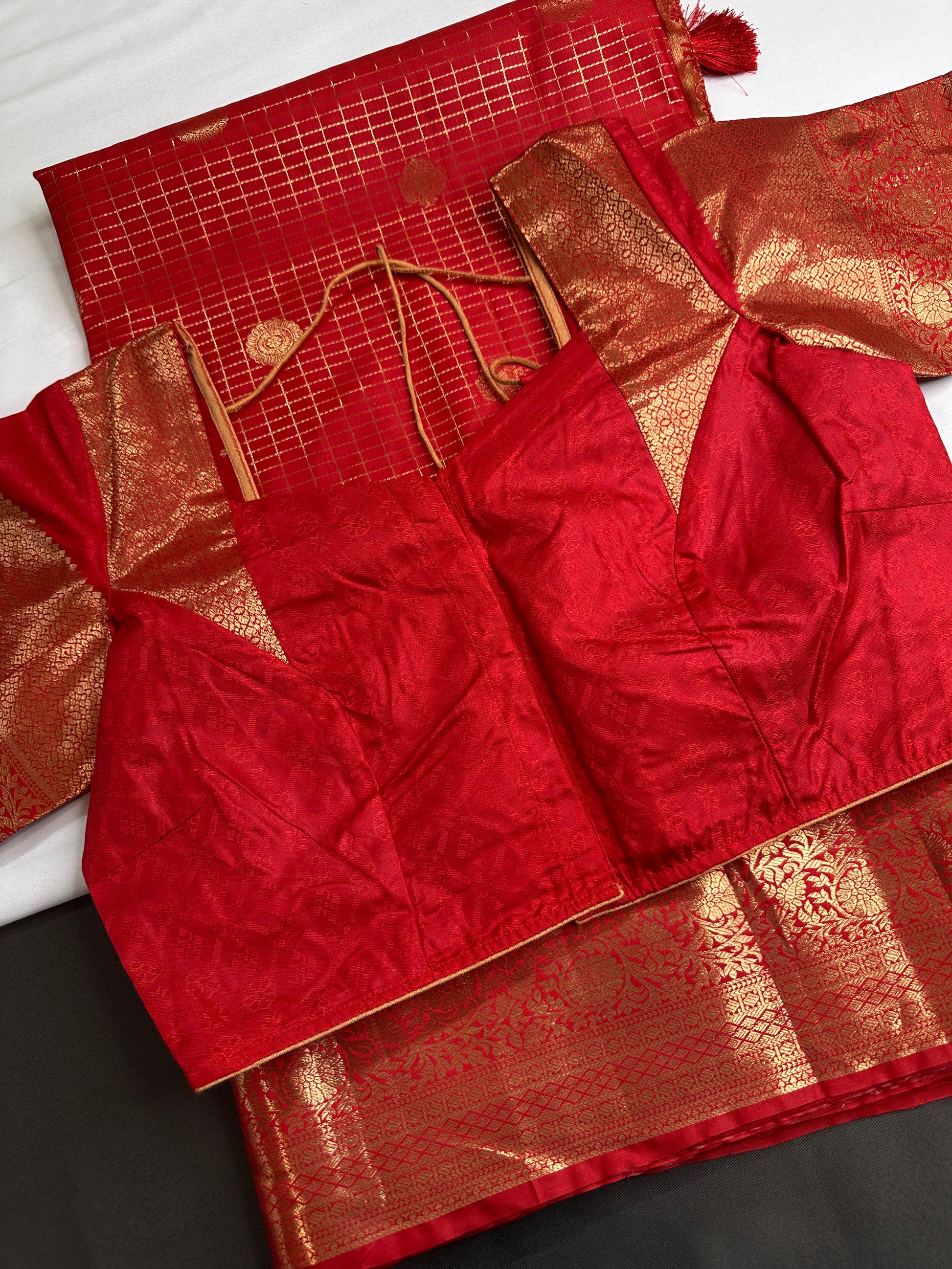 Kanch Light Weight Semi Silk Red Checked Saree - 