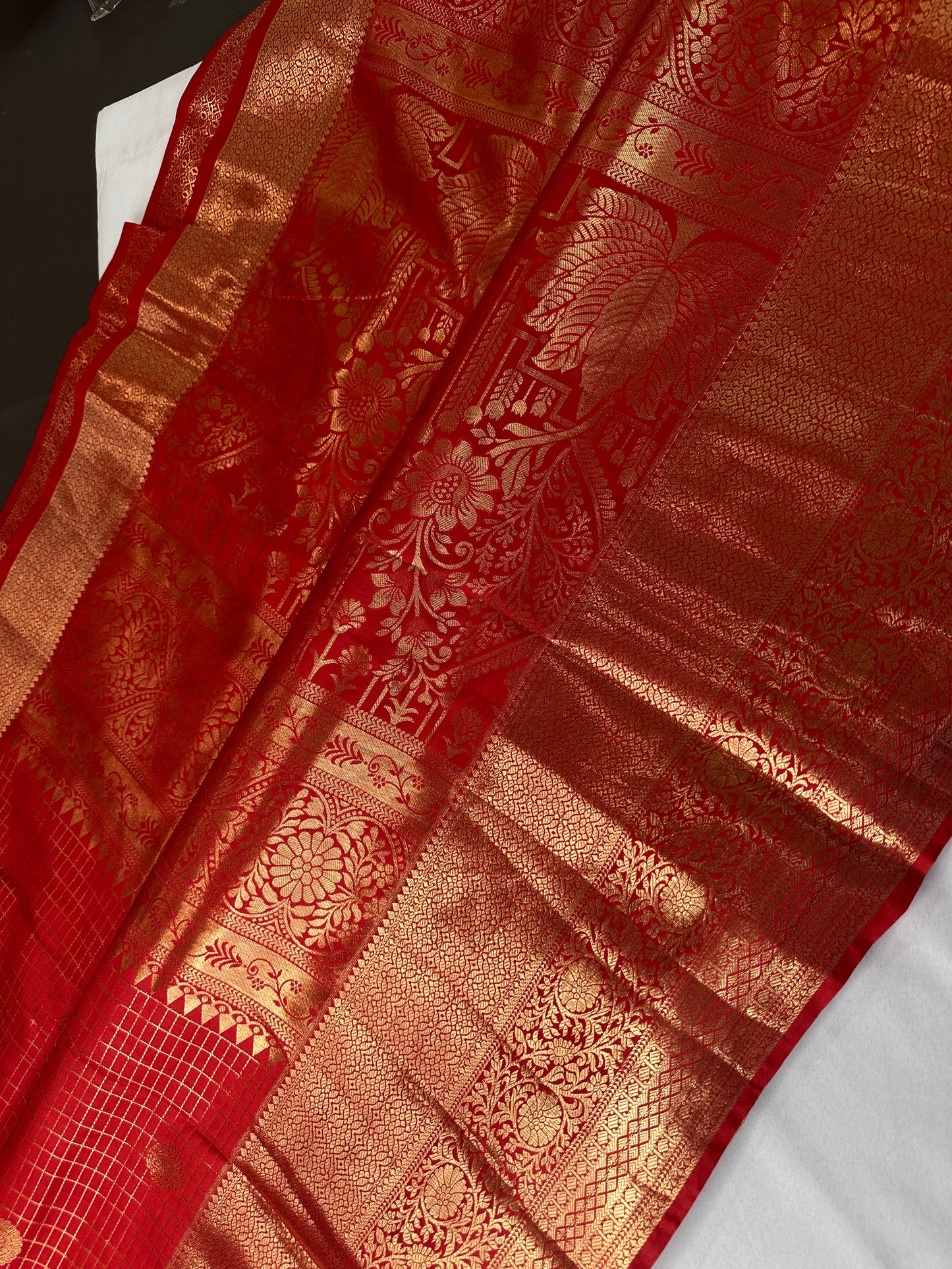Kanch Light Weight Semi Silk Red Checked Saree - 