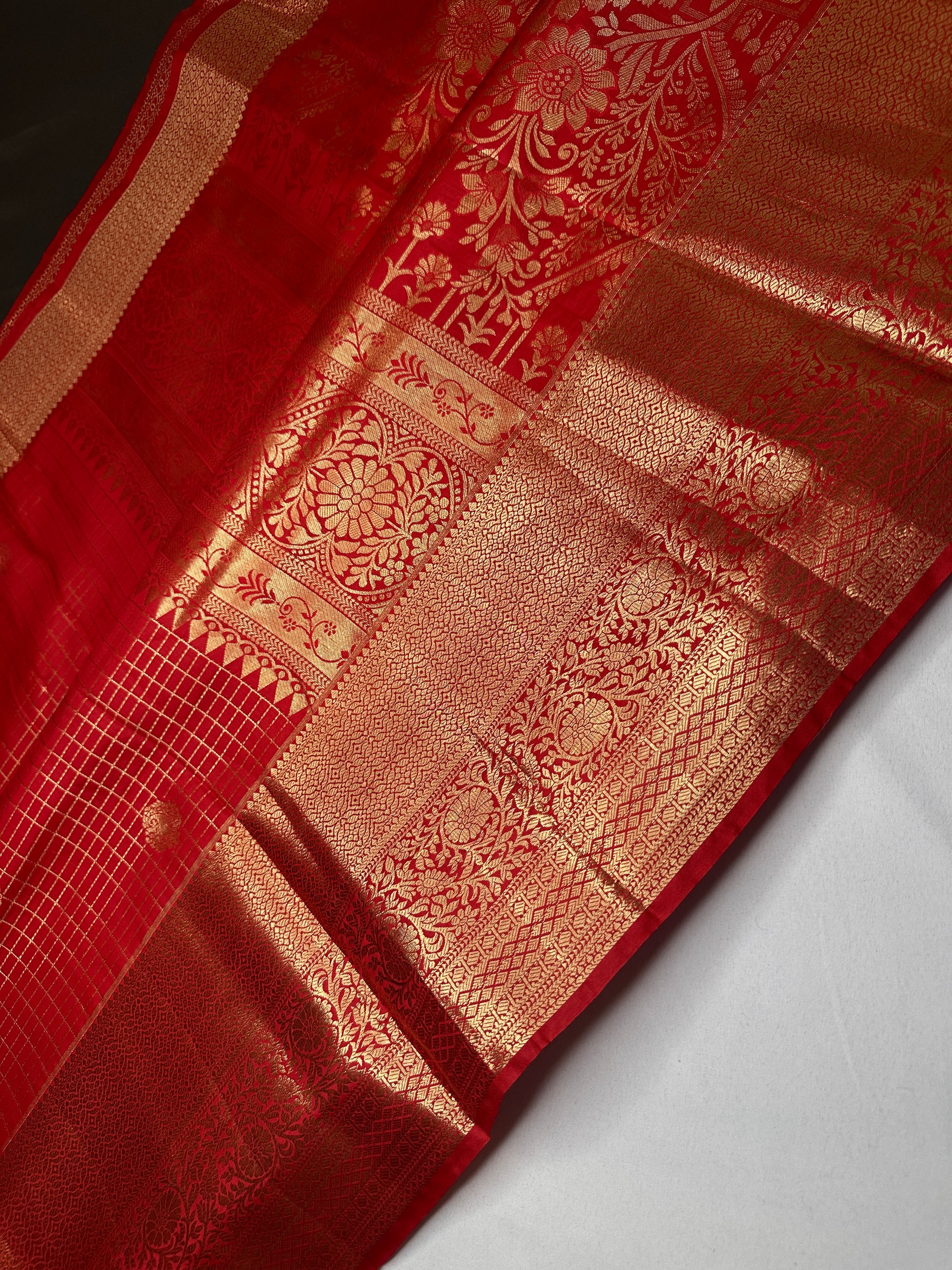 Kanch Light Weight Semi Silk Red Checked Saree - 