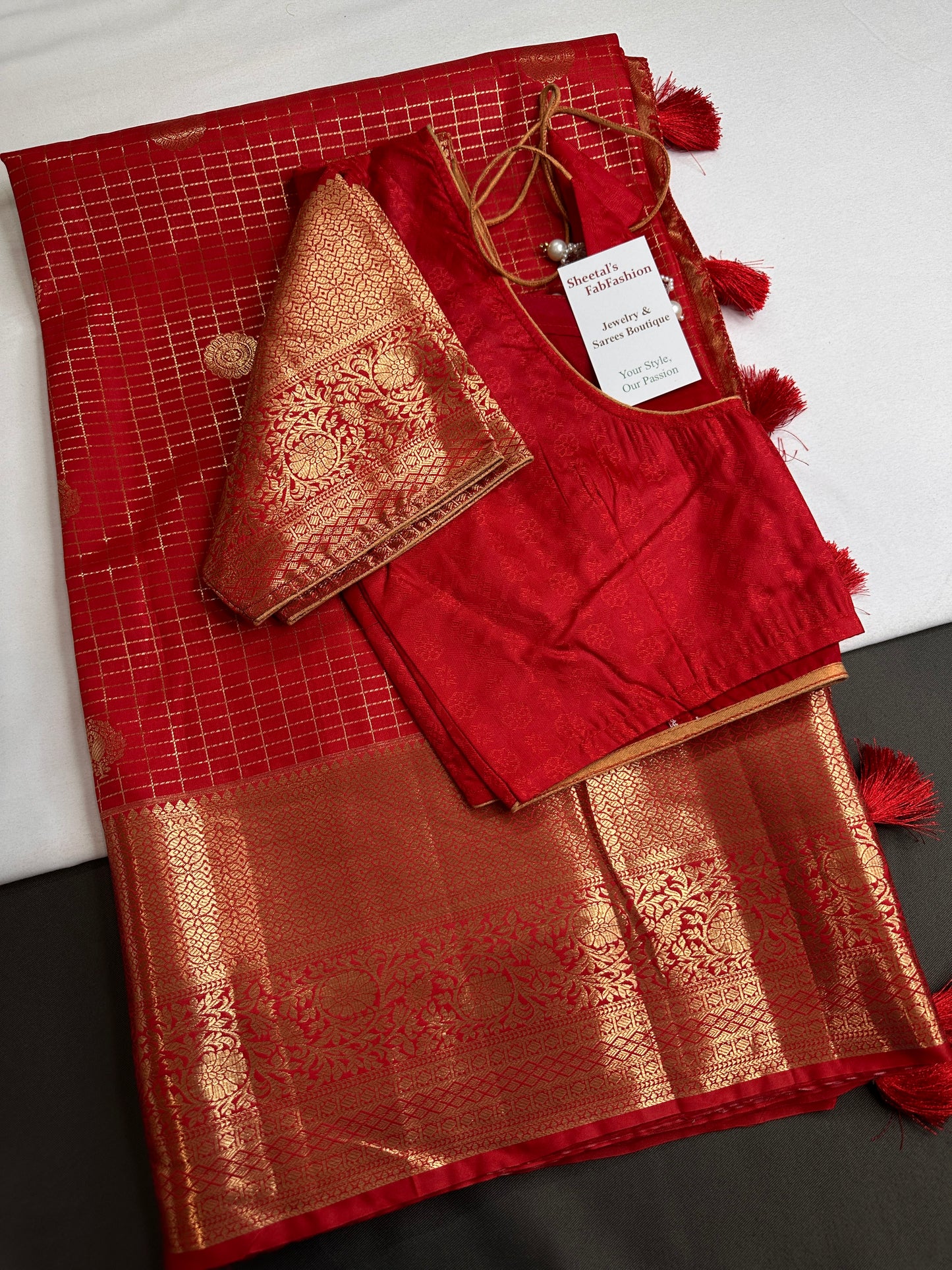 Kanch Light Weight Semi Silk Red Checked Saree - 