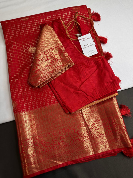 Kanch Light Weight Semi Silk Red Checked Saree - 