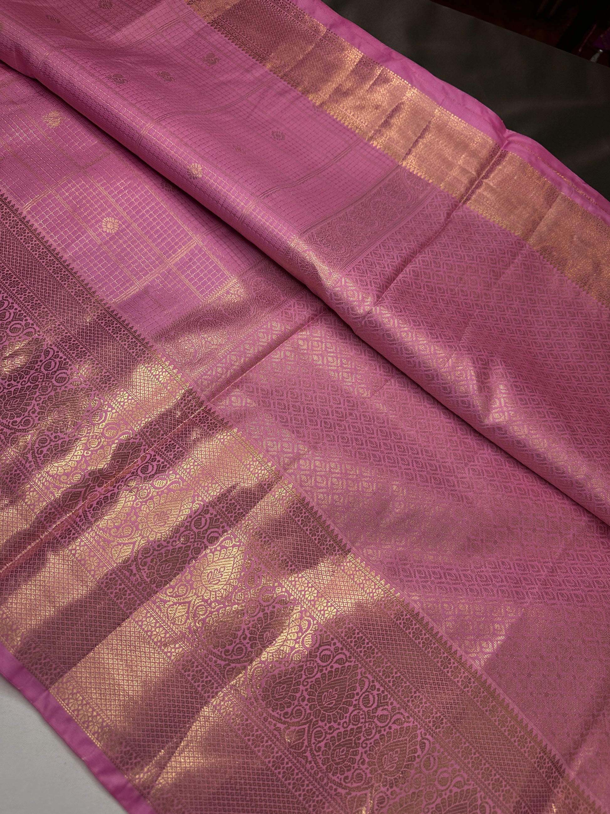 Kanch Light Weight Semi Silk Pink Checked Saree - 