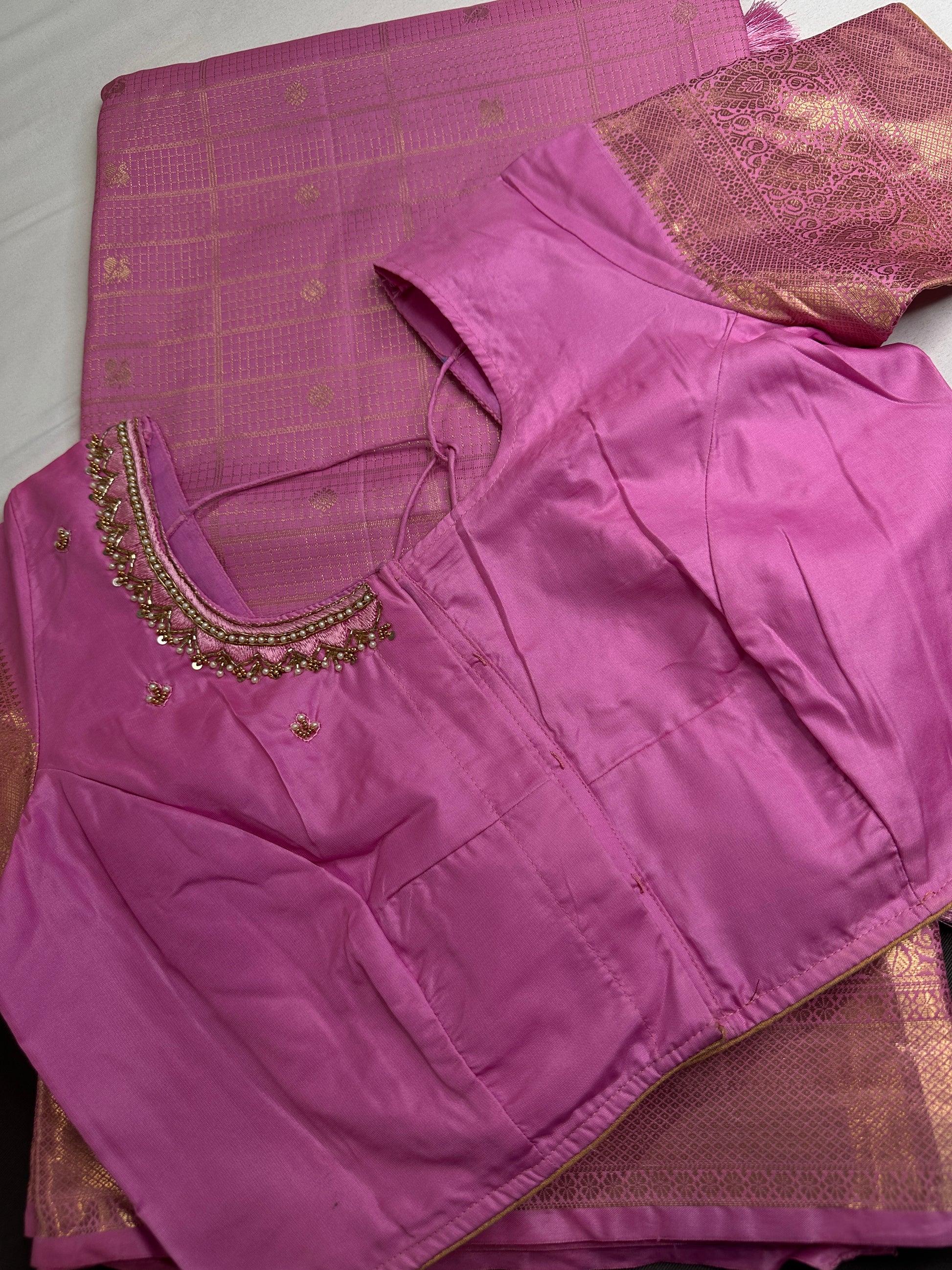 Kanch Light Weight Semi Silk Pink Checked Saree - 