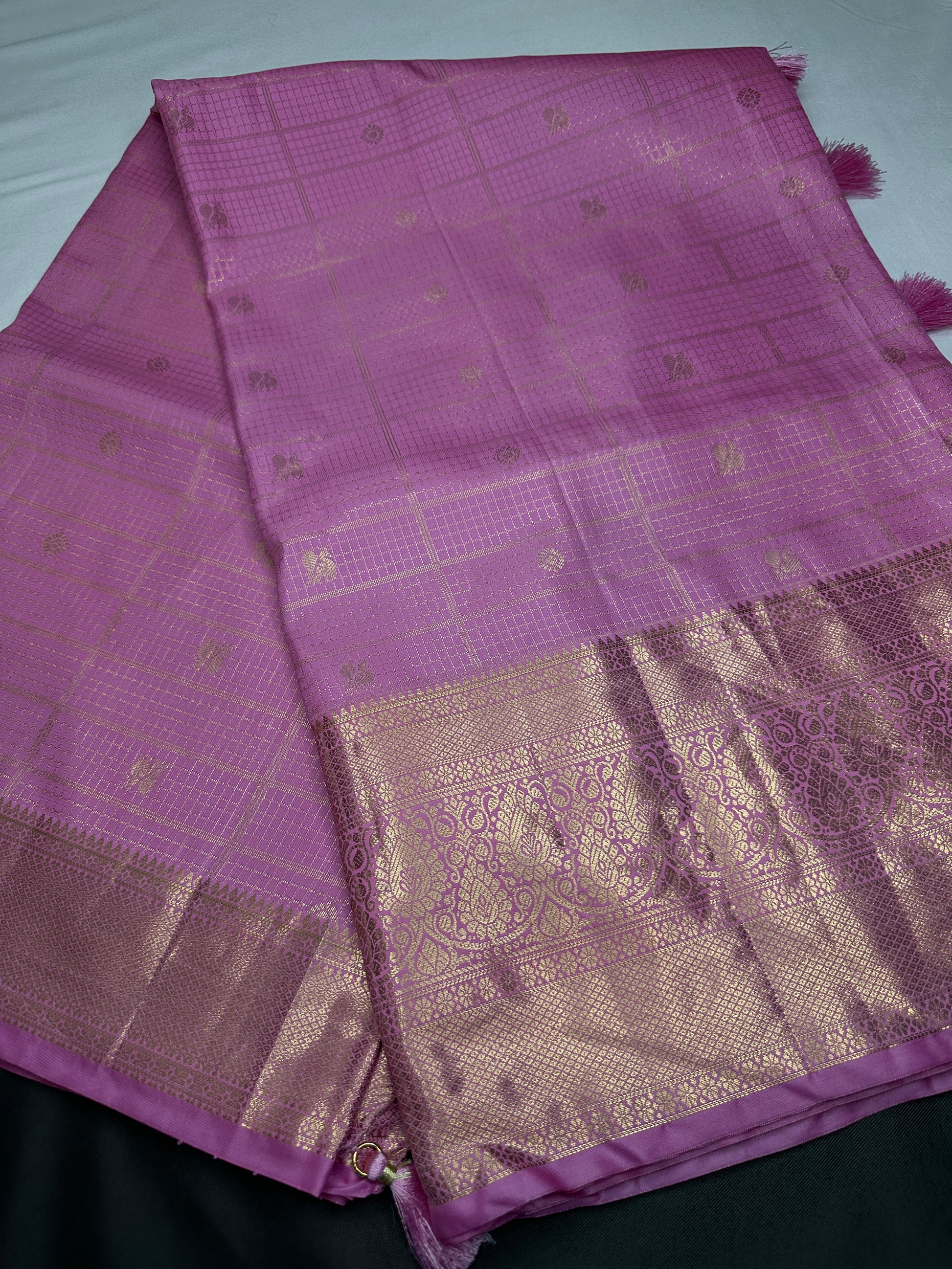 Kanch Light Weight Semi Silk Pink Checked Saree - 