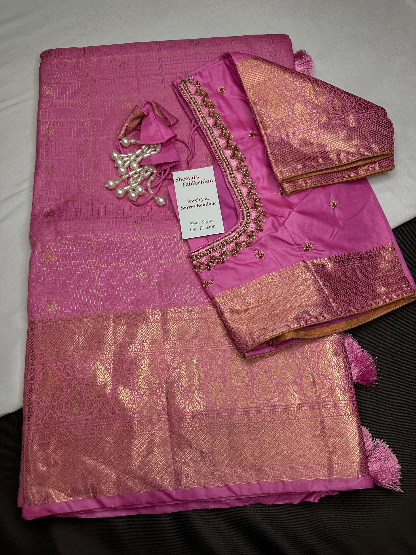 Kanch Light Weight Semi Silk Pink Checked Saree - 