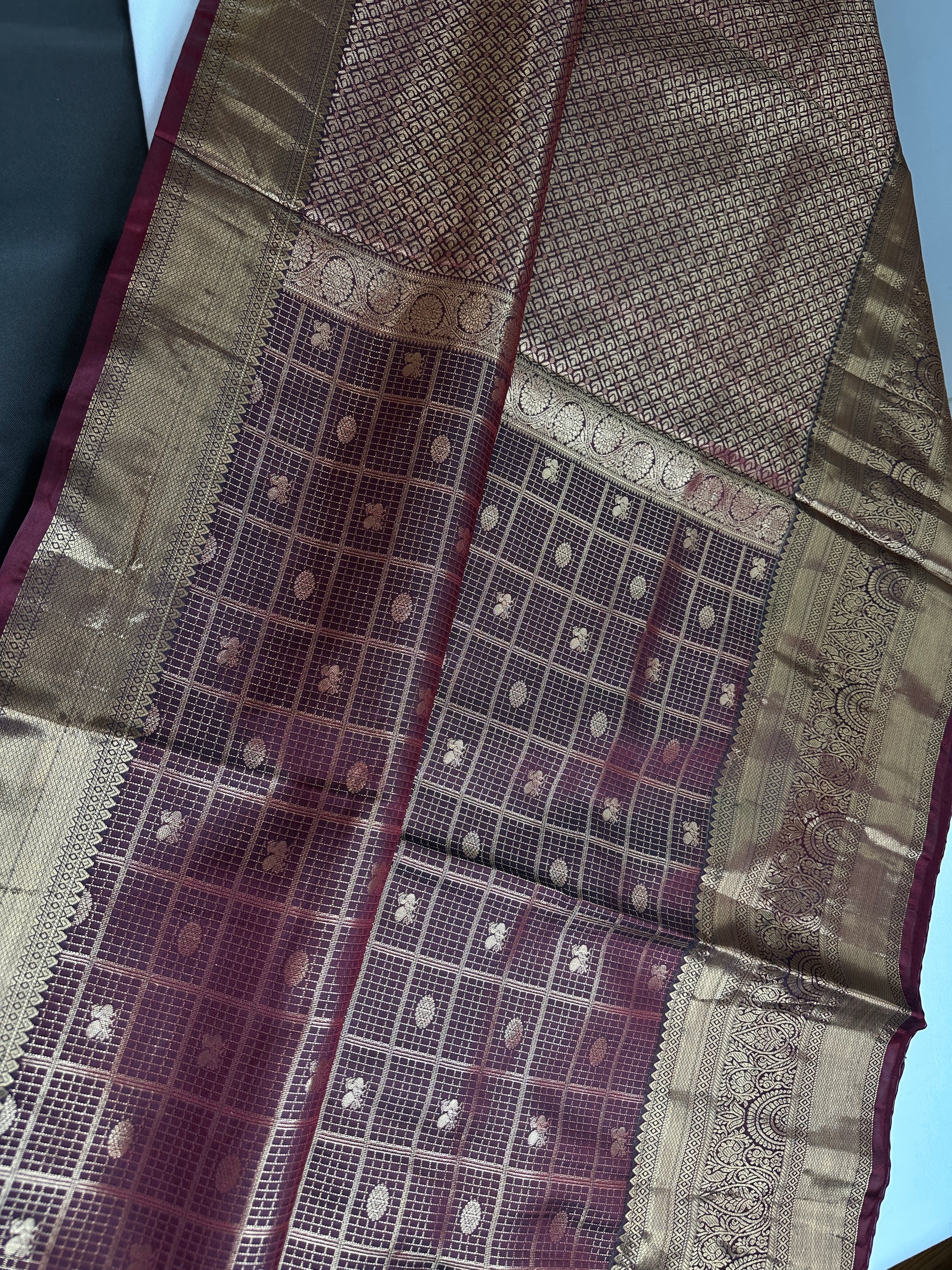 Kanch Light Weight Semi Silk Brown Checked Saree - 