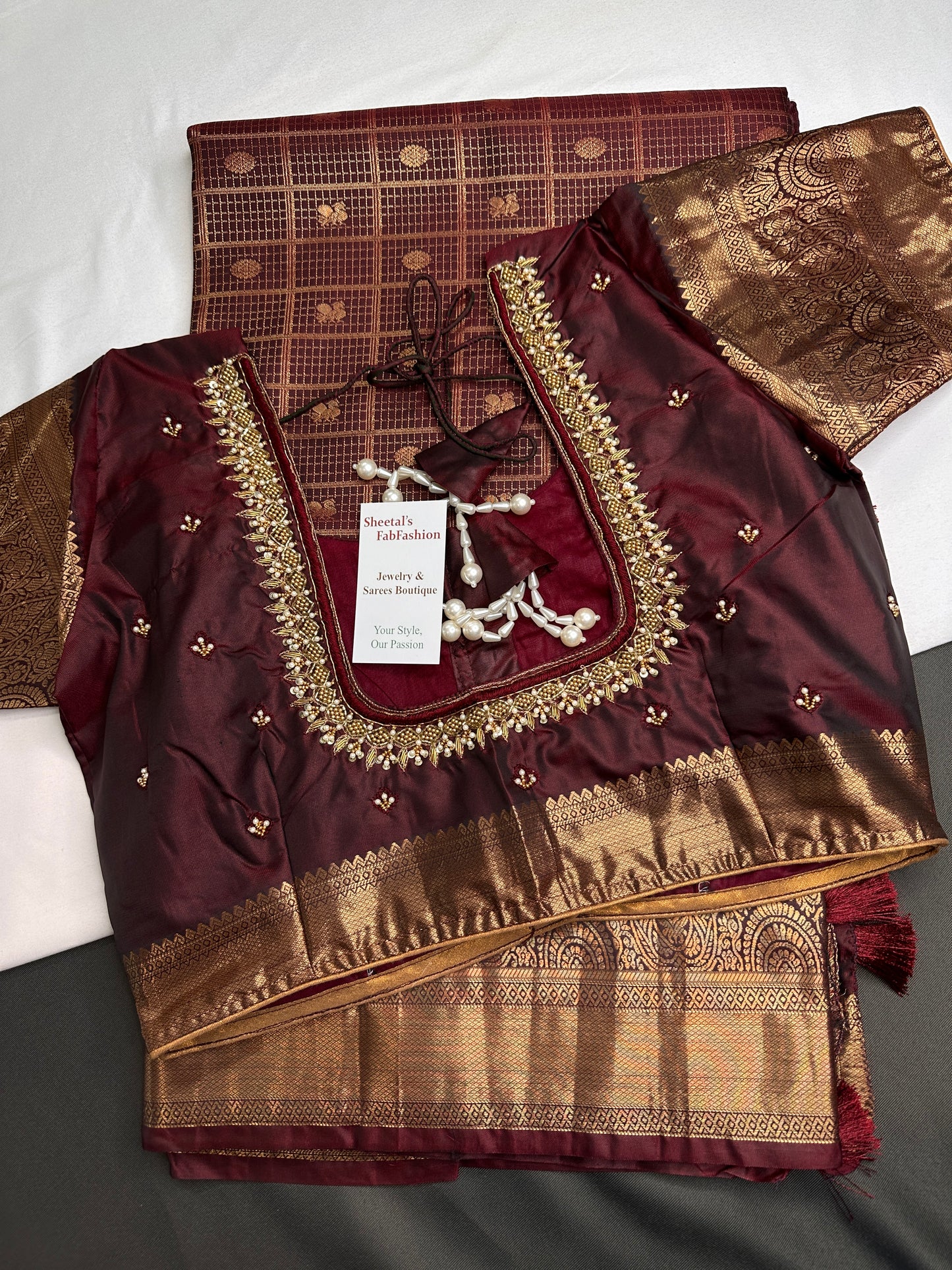 Kanch Light Weight Semi Silk Brown Checked Saree - 