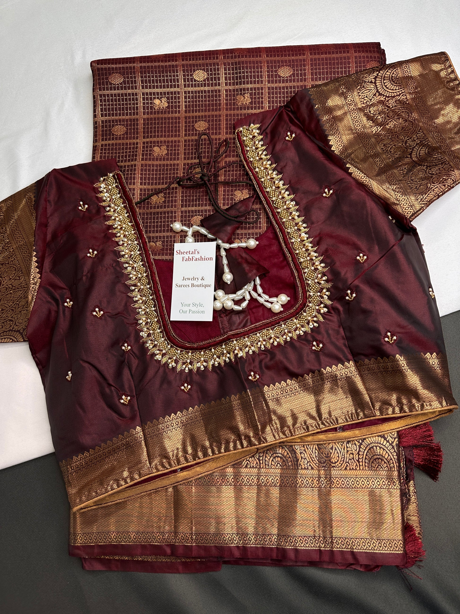 Kanch Light Weight Semi Silk Brown Checked Saree - 