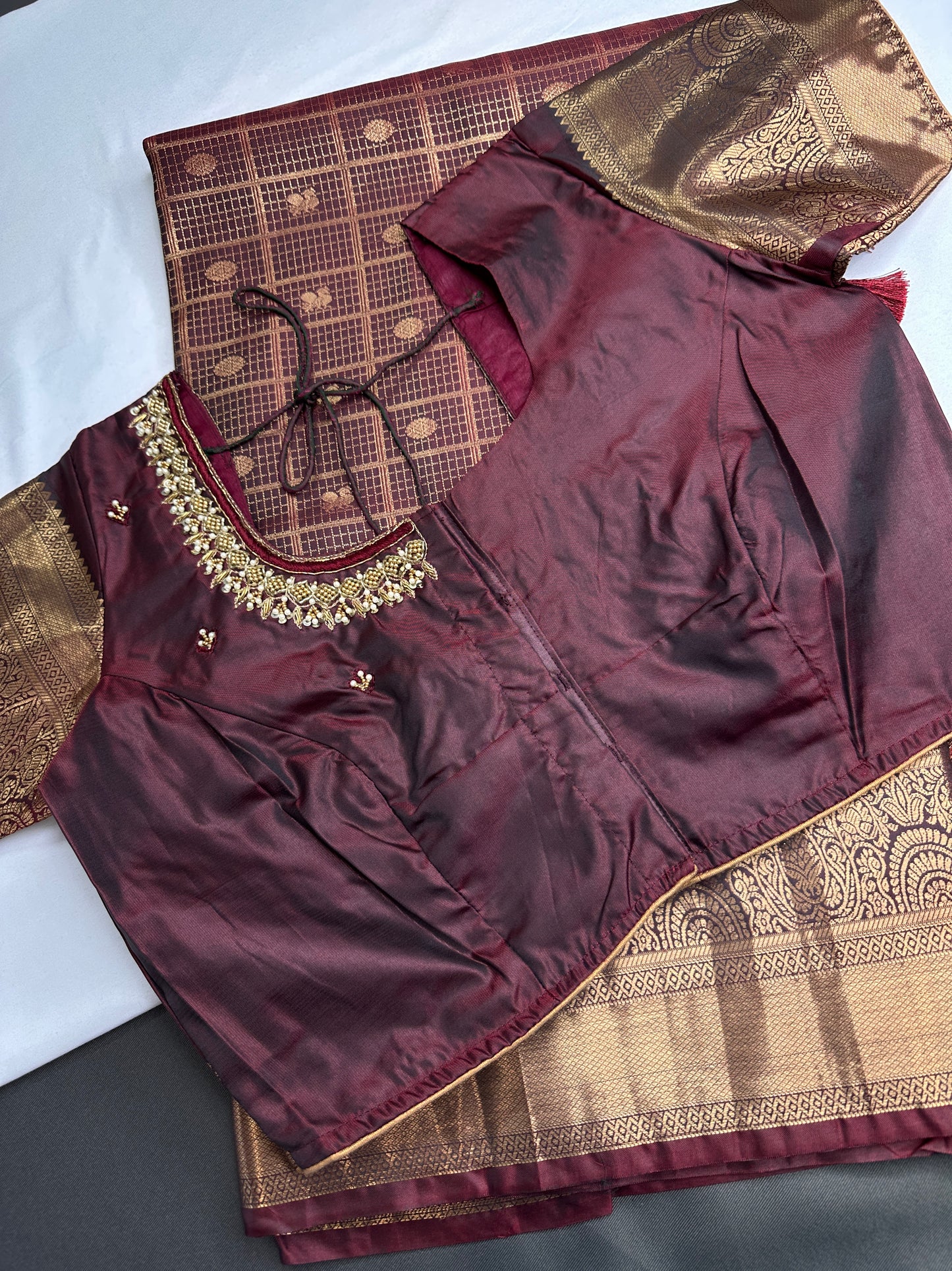 Kanch Light Weight Semi Silk Brown Checked Saree - 