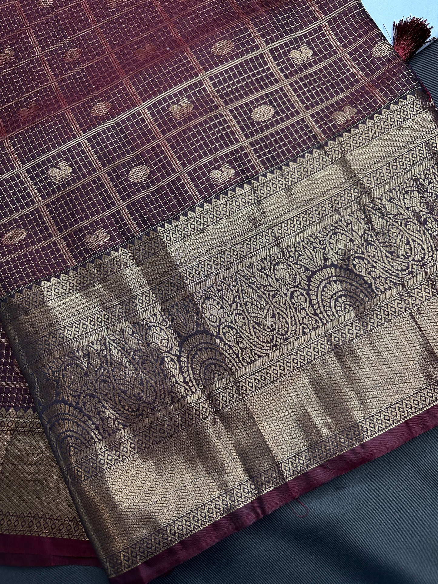 Kanch Light Weight Semi Silk Brown Checked Saree - 