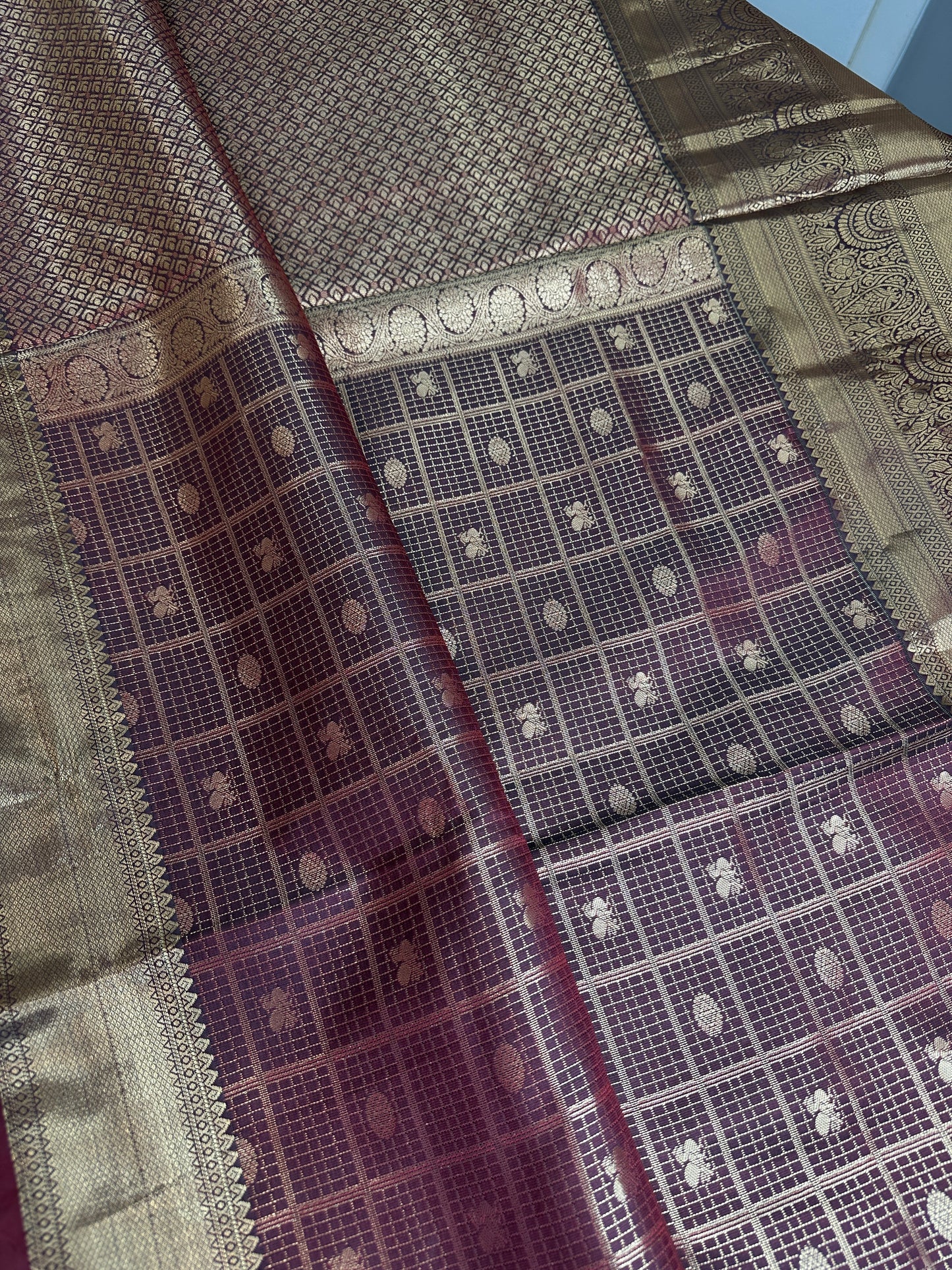 Kanch Light Weight Semi Silk Brown Checked Saree - 