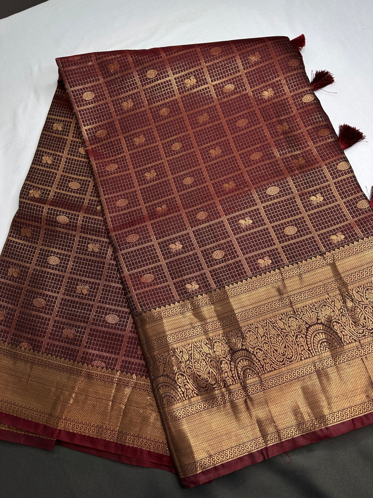 Kanch Light Weight Semi Silk Brown Checked Saree - 