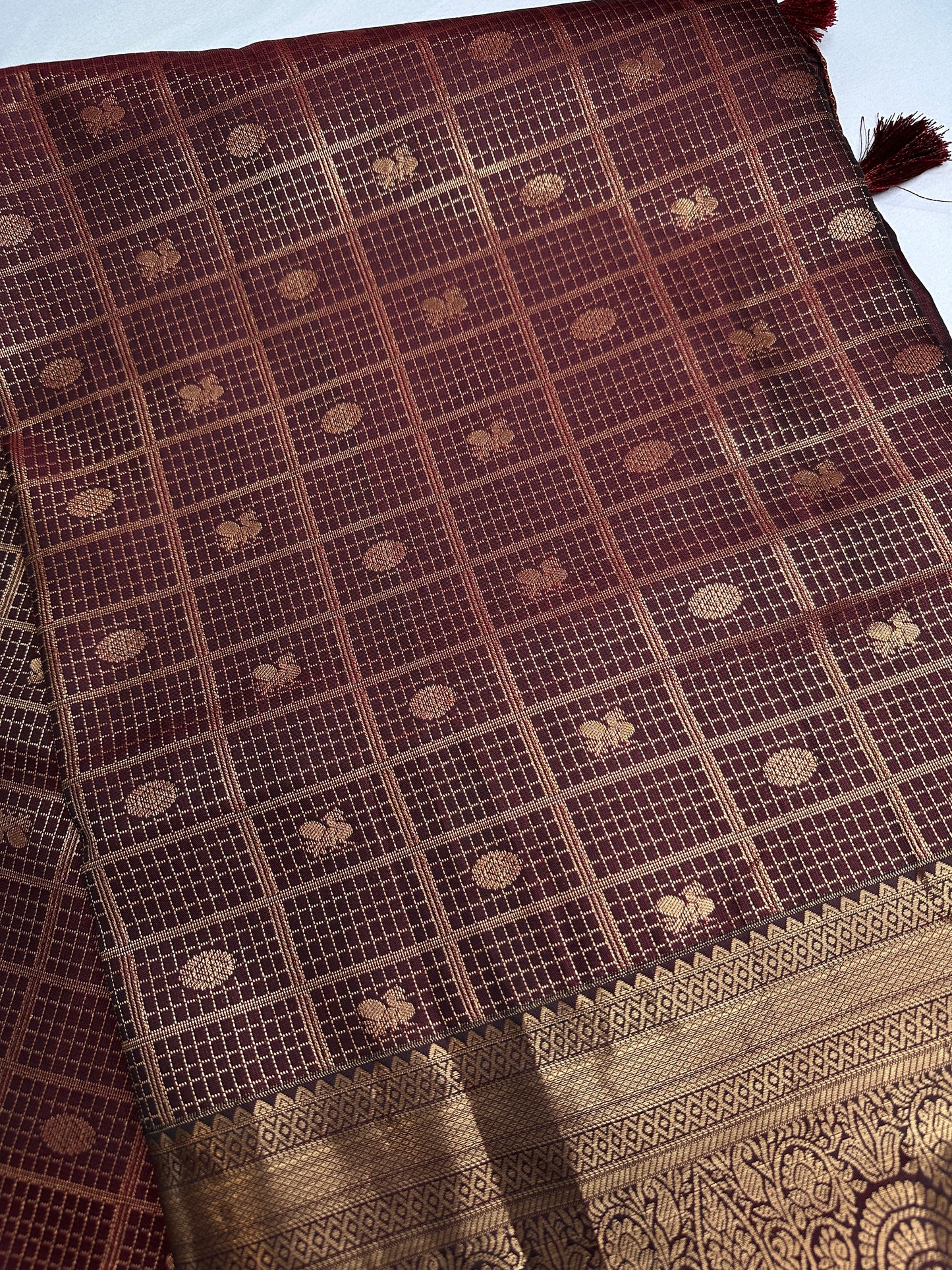 Kanch Light Weight Semi Silk Brown Checked Saree - 
