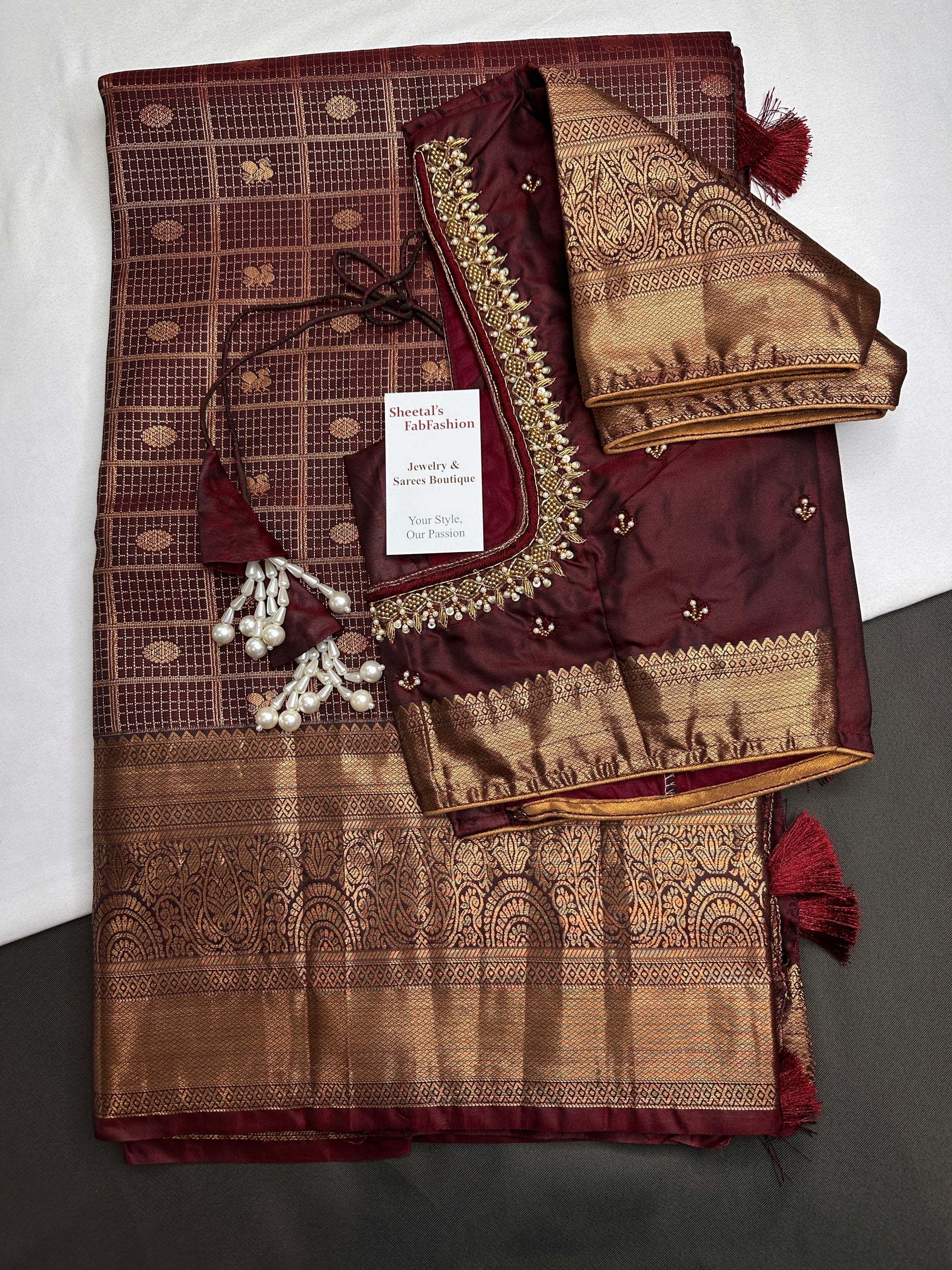 Kanch Light Weight Semi Silk Brown Checked Saree - 