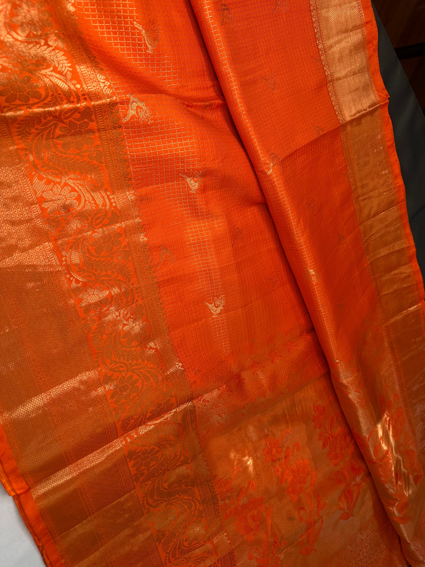 Kanch Light Weight Semi Silk Orange Checked Saree - 