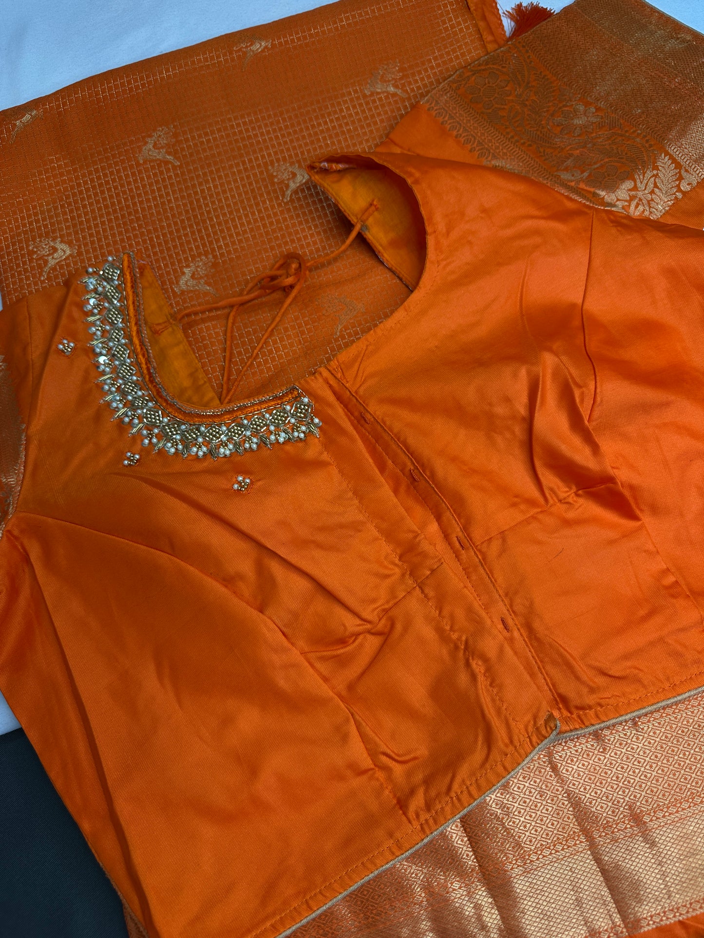 Kanch Light Weight Semi Silk Orange Checked Saree - 