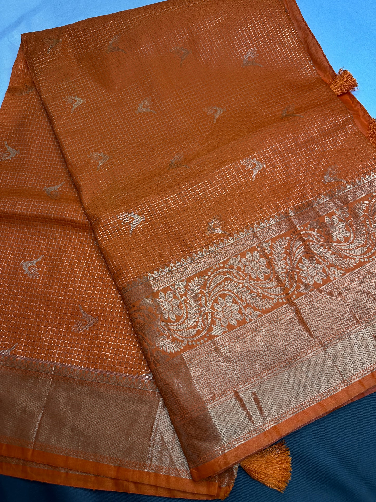 Kanch Light Weight Semi Silk Orange Checked Saree - 