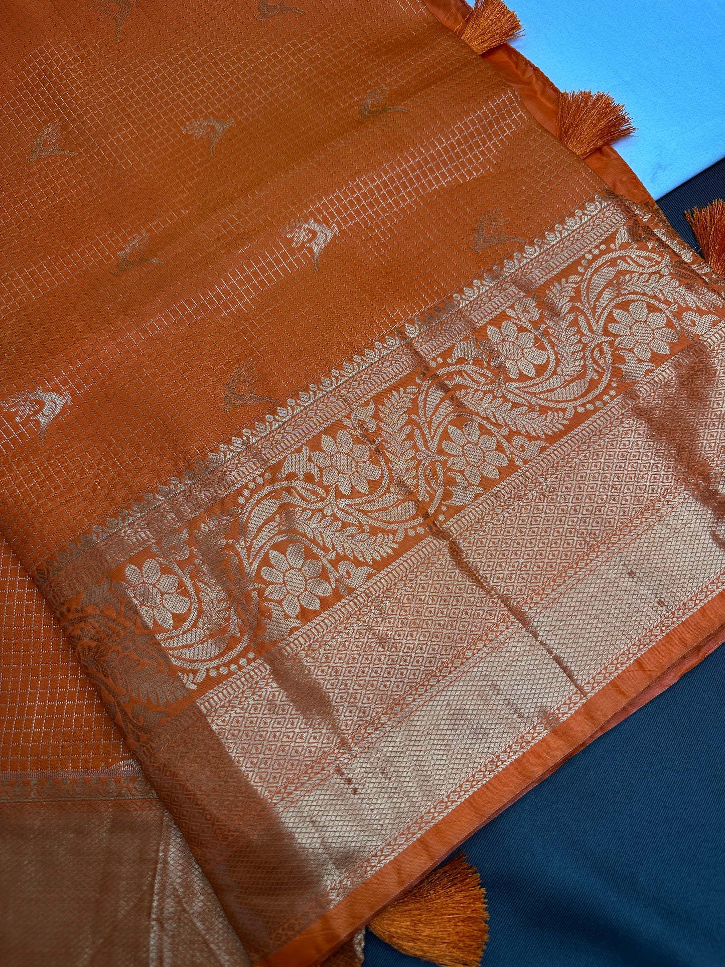 Kanch Light Weight Semi Silk Orange Checked Saree - 