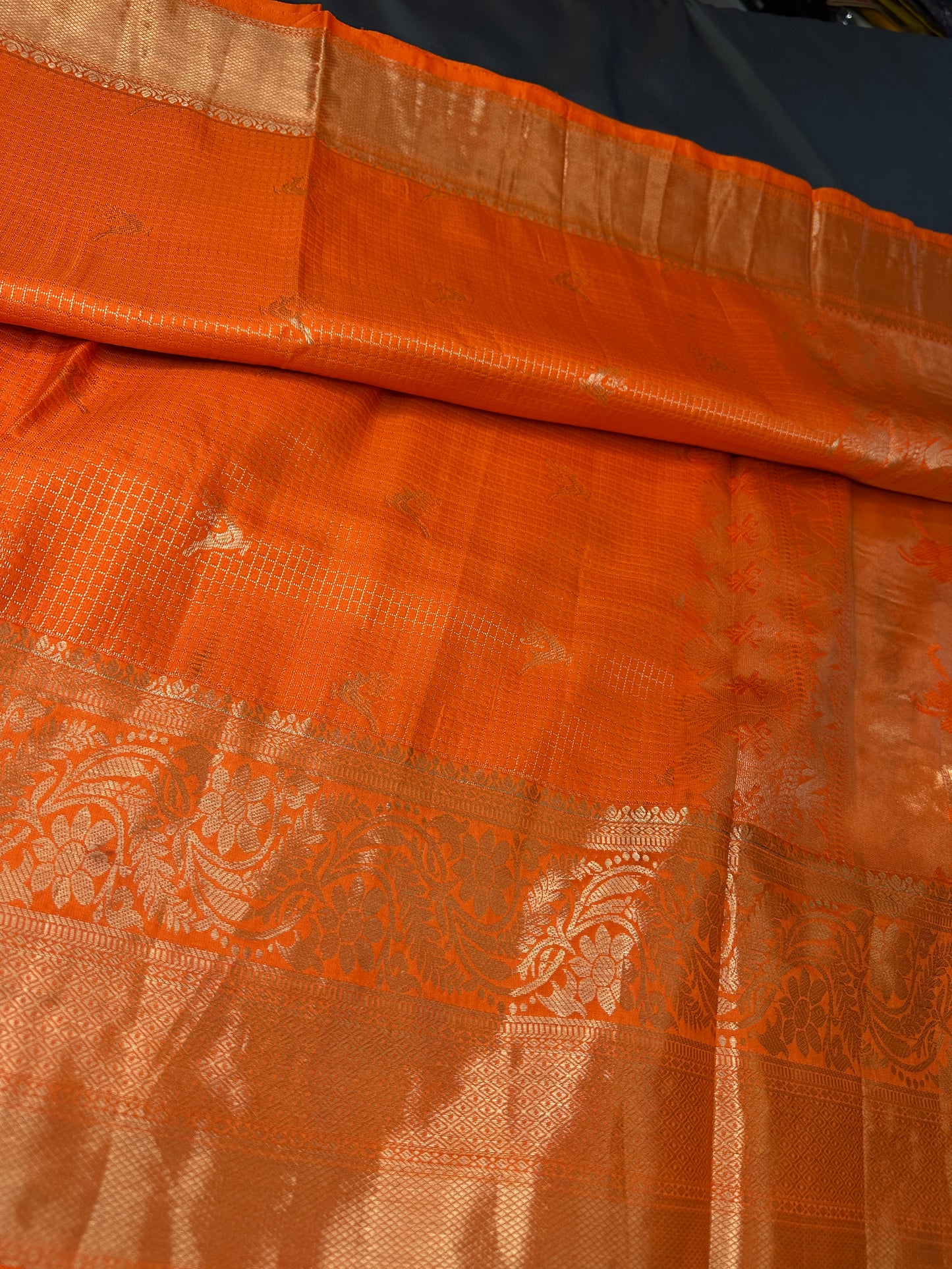 Kanch Light Weight Semi Silk Orange Checked Saree - 