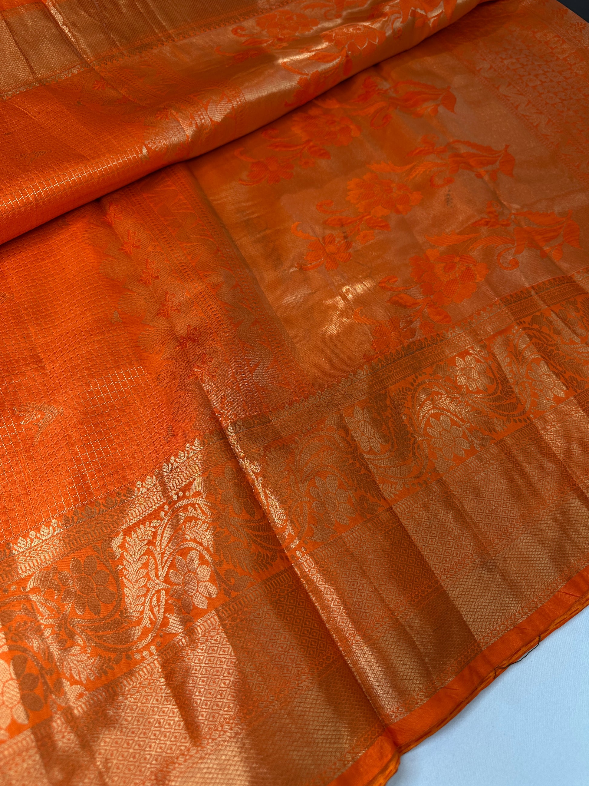 Kanch Light Weight Semi Silk Orange Checked Saree - 