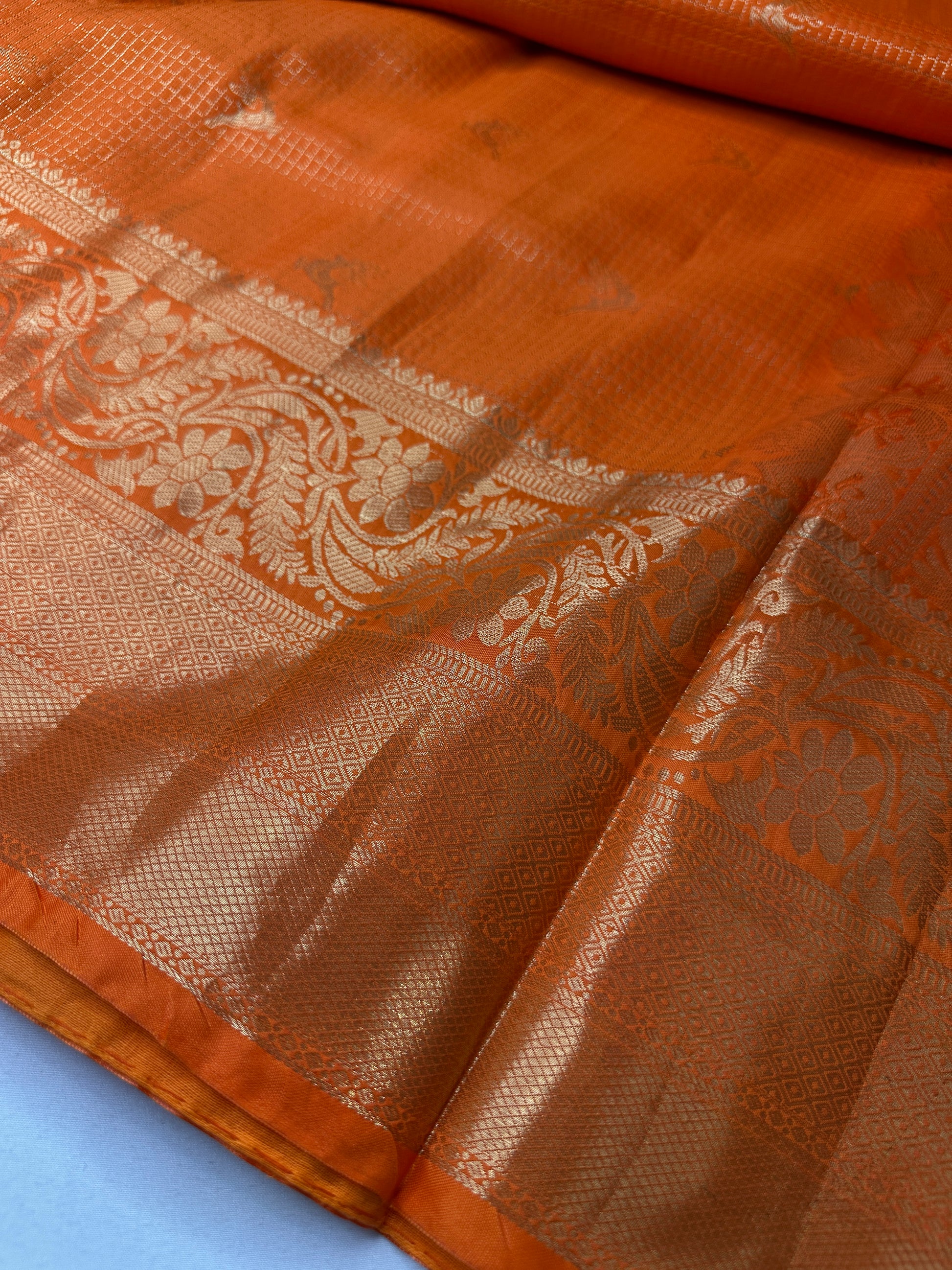 Kanch Light Weight Semi Silk Orange Checked Saree - 
