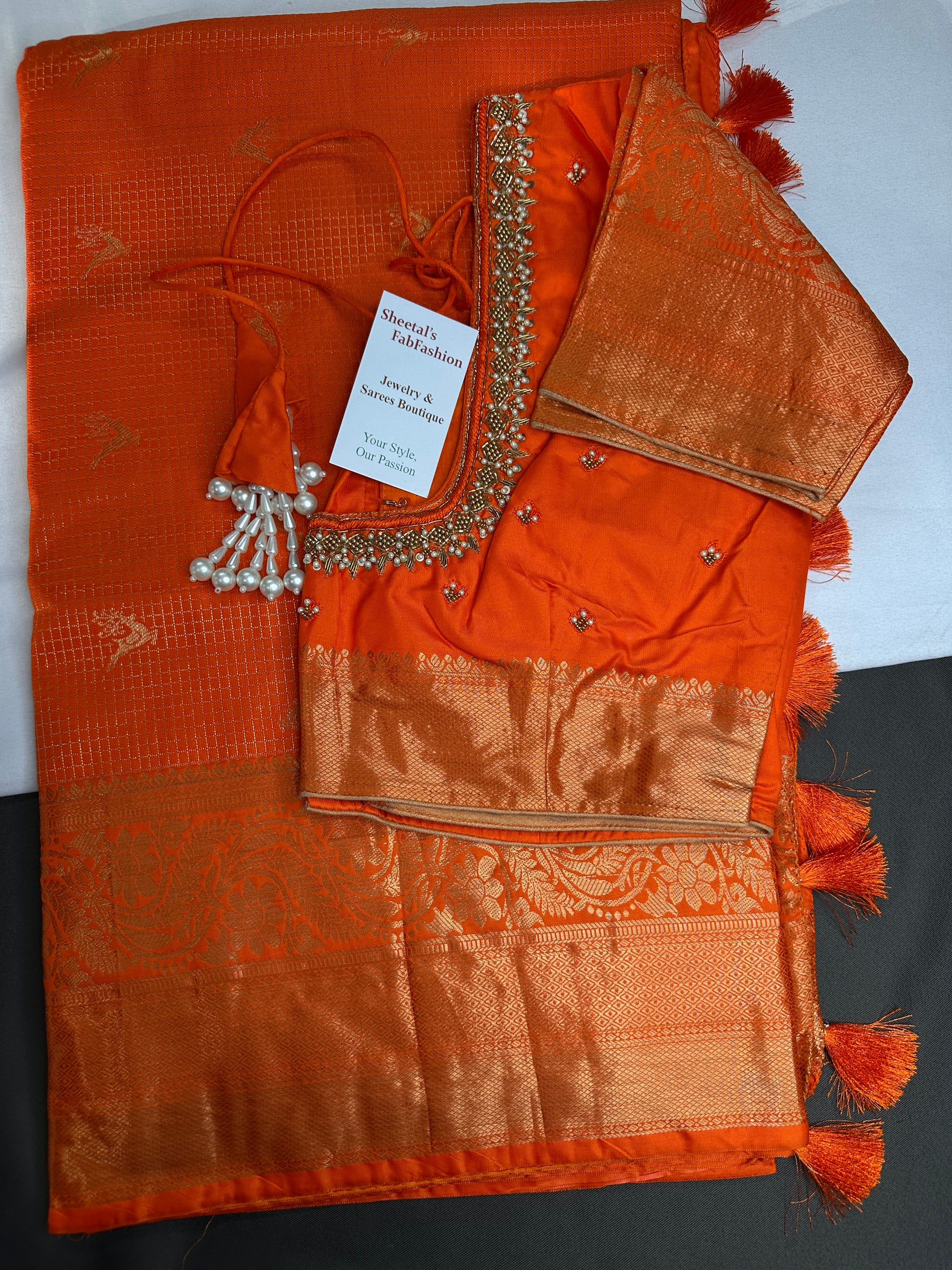 Kanch Light Weight Semi Silk Orange Checked Saree - 
