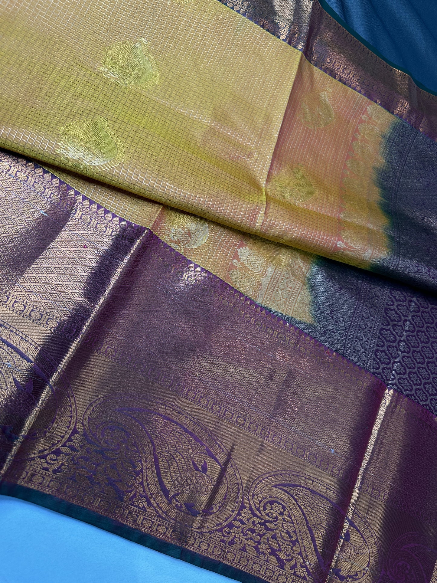Kanch Light Weight Semi Silk Mustard Brown Checked Saree - 