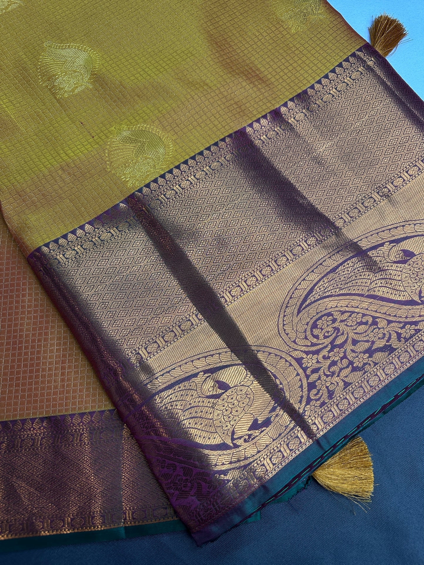 Kanch Light Weight Semi Silk Mustard Brown Checked Saree - 