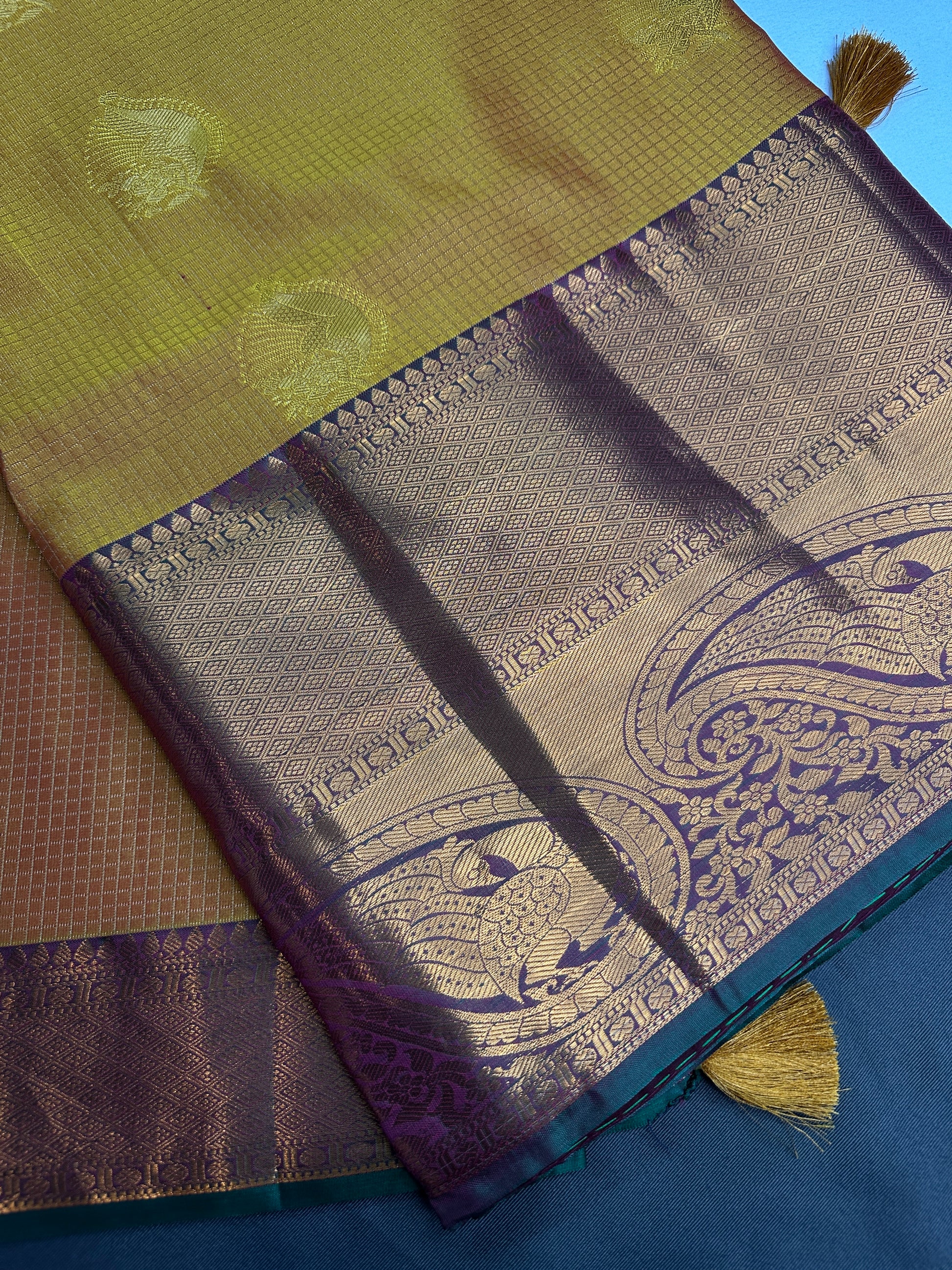 Kanch Light Weight Semi Silk Mustard Brown Checked Saree - 