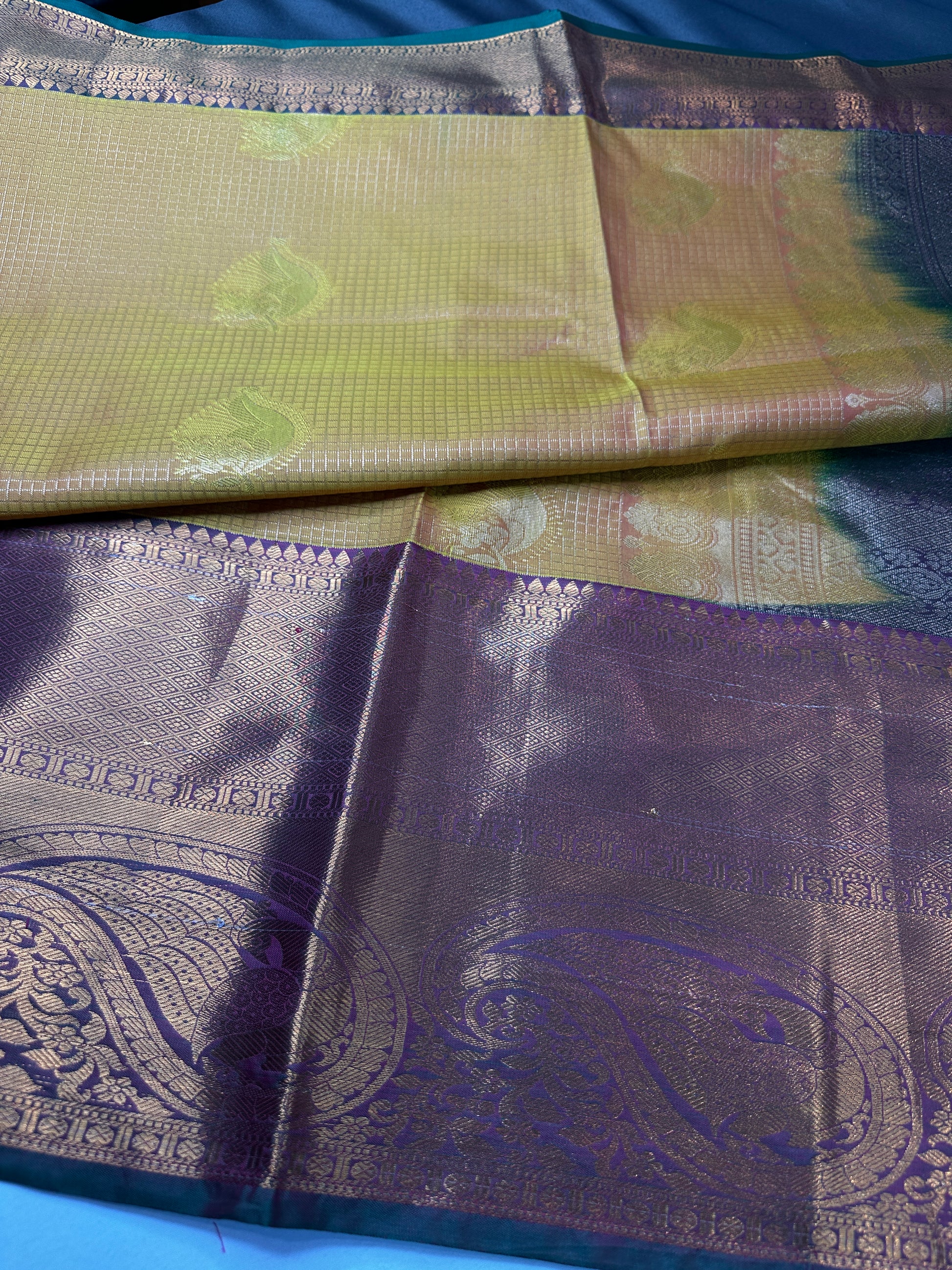 Kanch Light Weight Semi Silk Mustard Brown Checked Saree - 