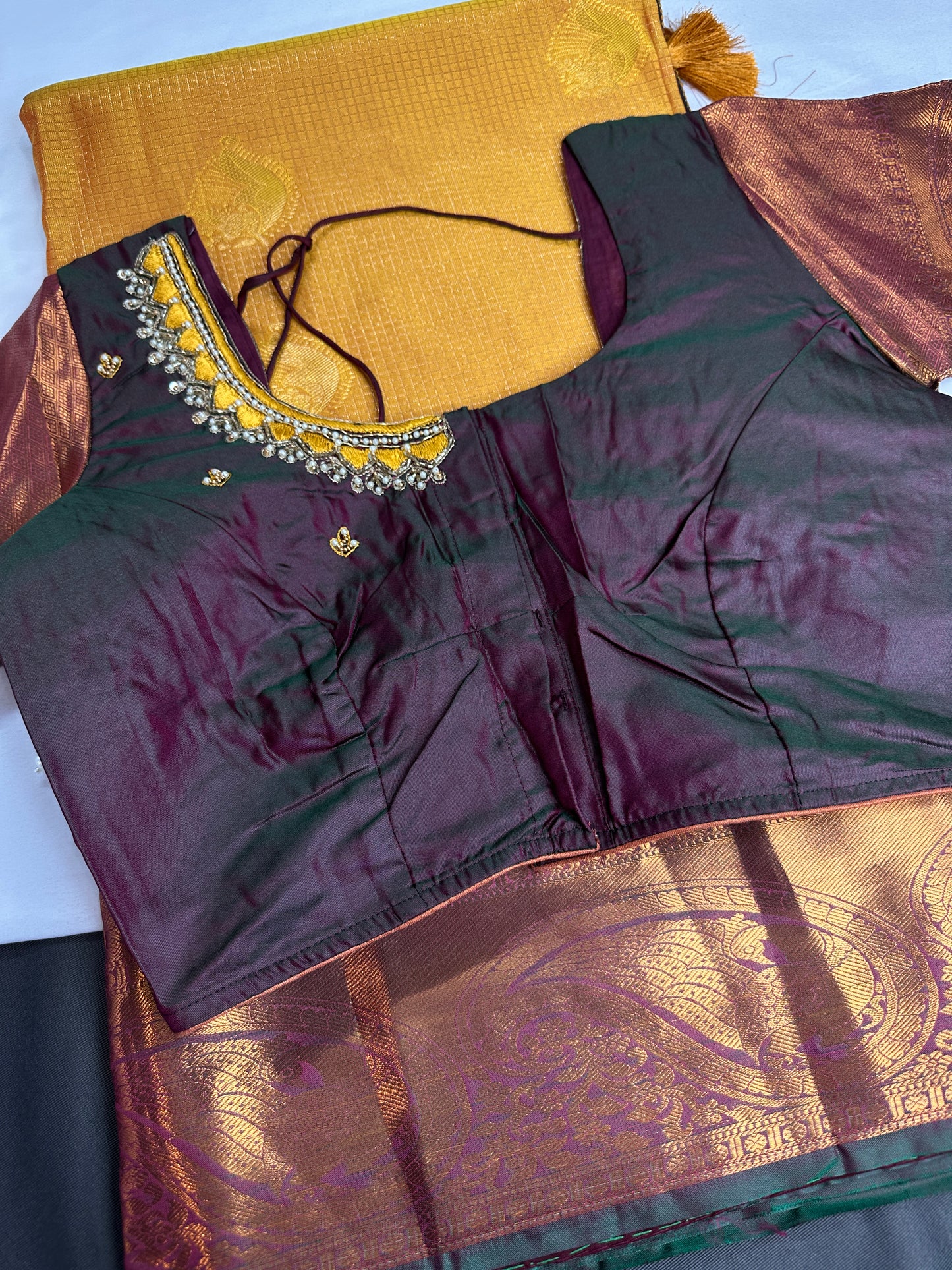 Kanch Light Weight Semi Silk Mustard Brown Checked Saree - 