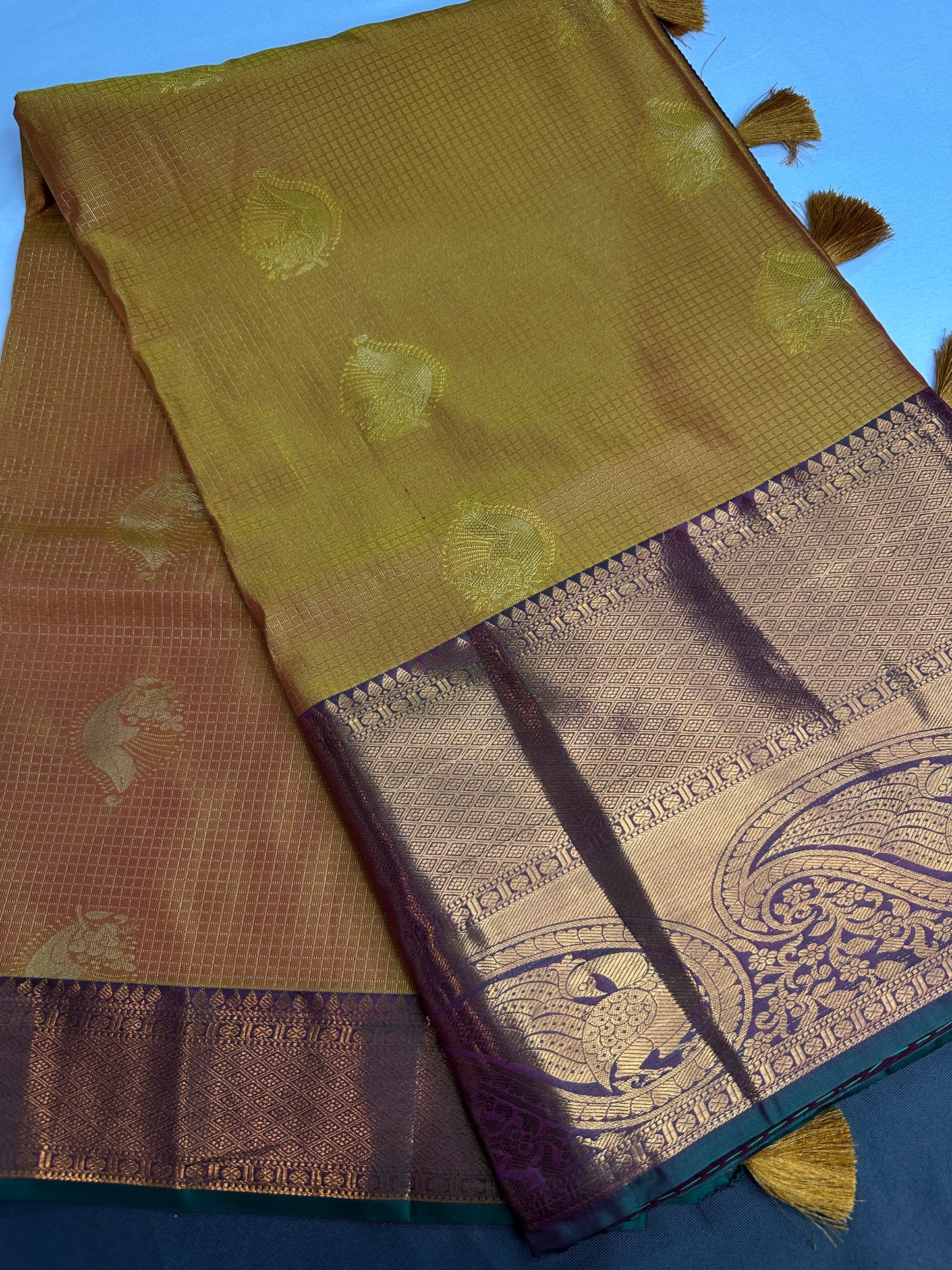 Kanch Light Weight Semi Silk Mustard Brown Checked Saree - 