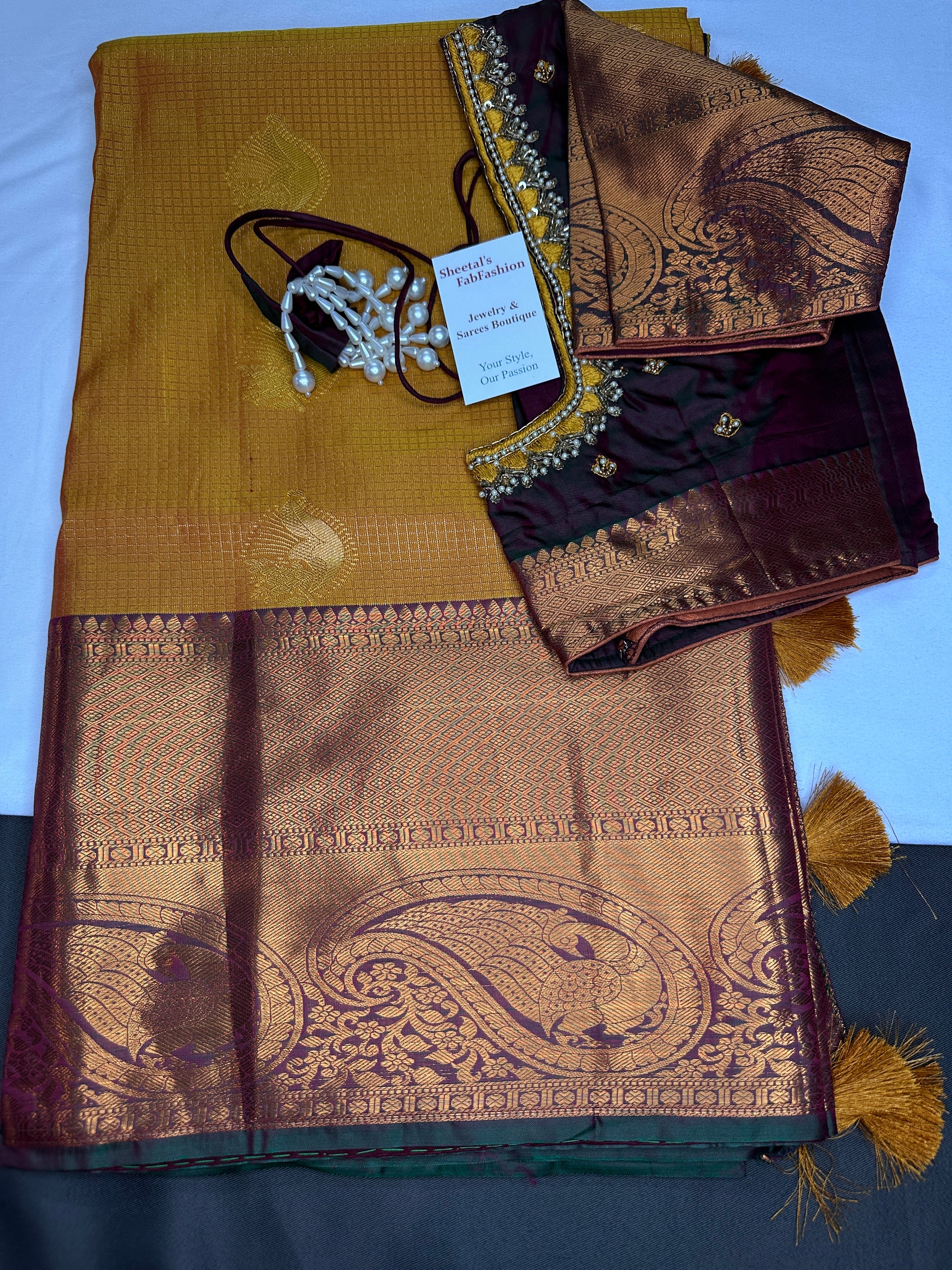 Kanch Light Weight Semi Silk Mustard Brown Checked Saree - 