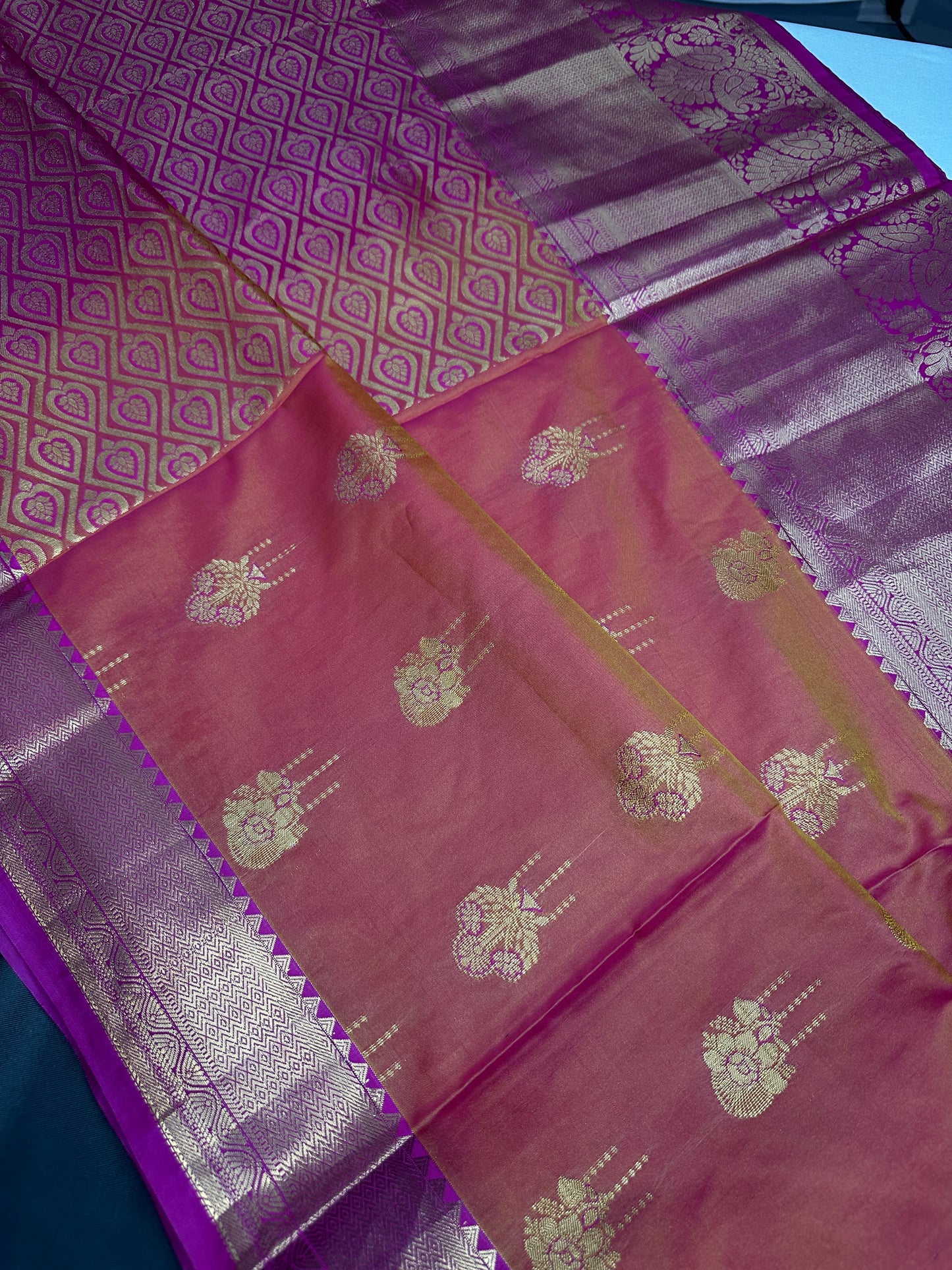 Semi Gadwal Peach Pink Pattu Silk Saree - 