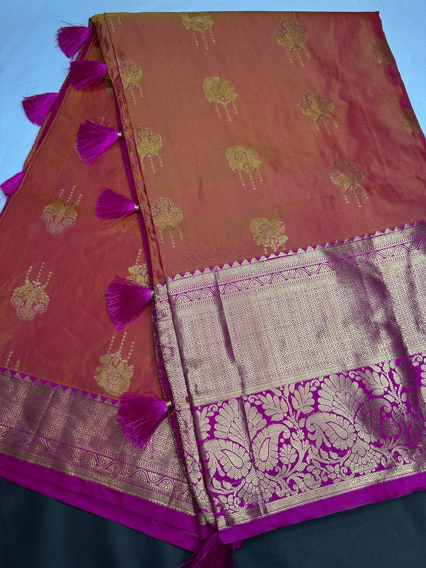 Semi Gadwal Peach Pink Pattu Silk Saree - 