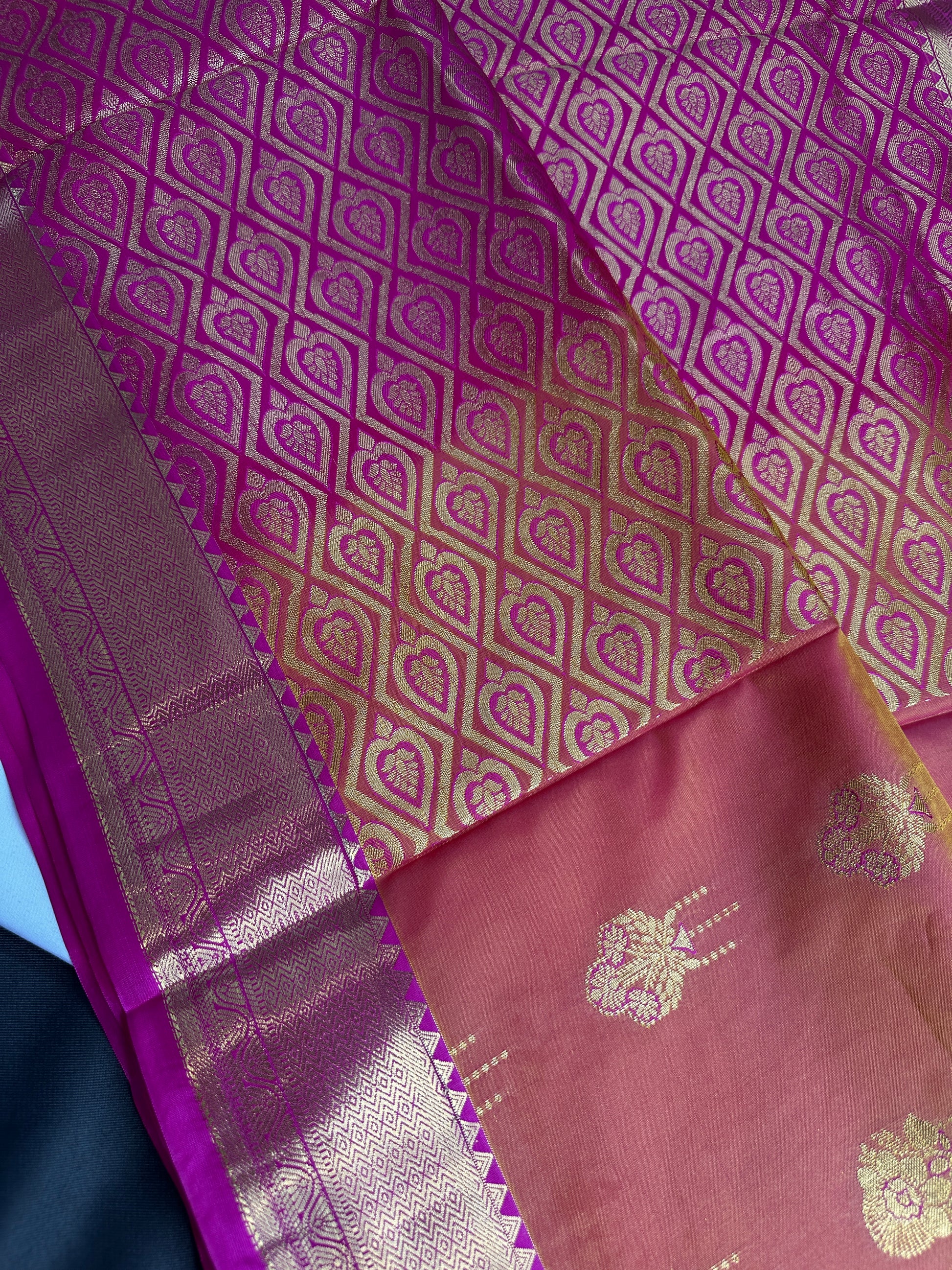 Semi Gadwal Peach Pink Pattu Silk Saree - 