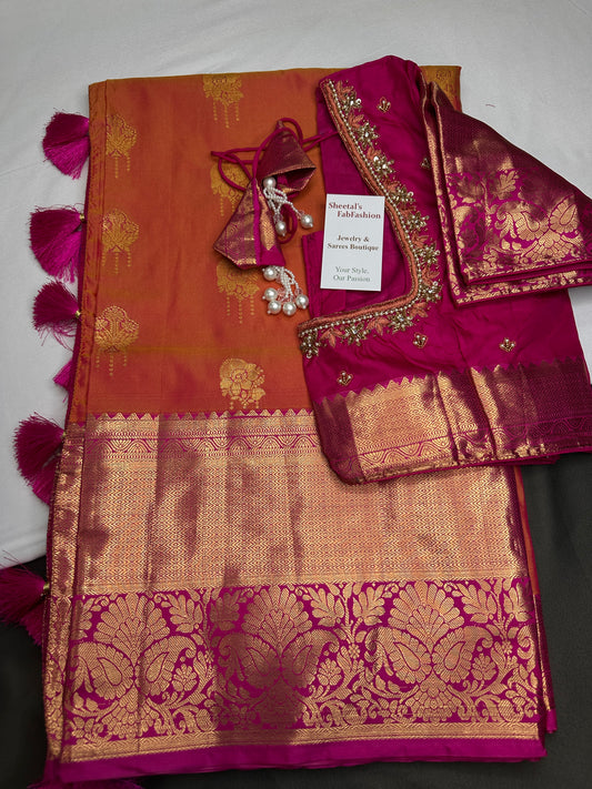 Semi Gadwal Peach Pink Pattu Silk Saree - 