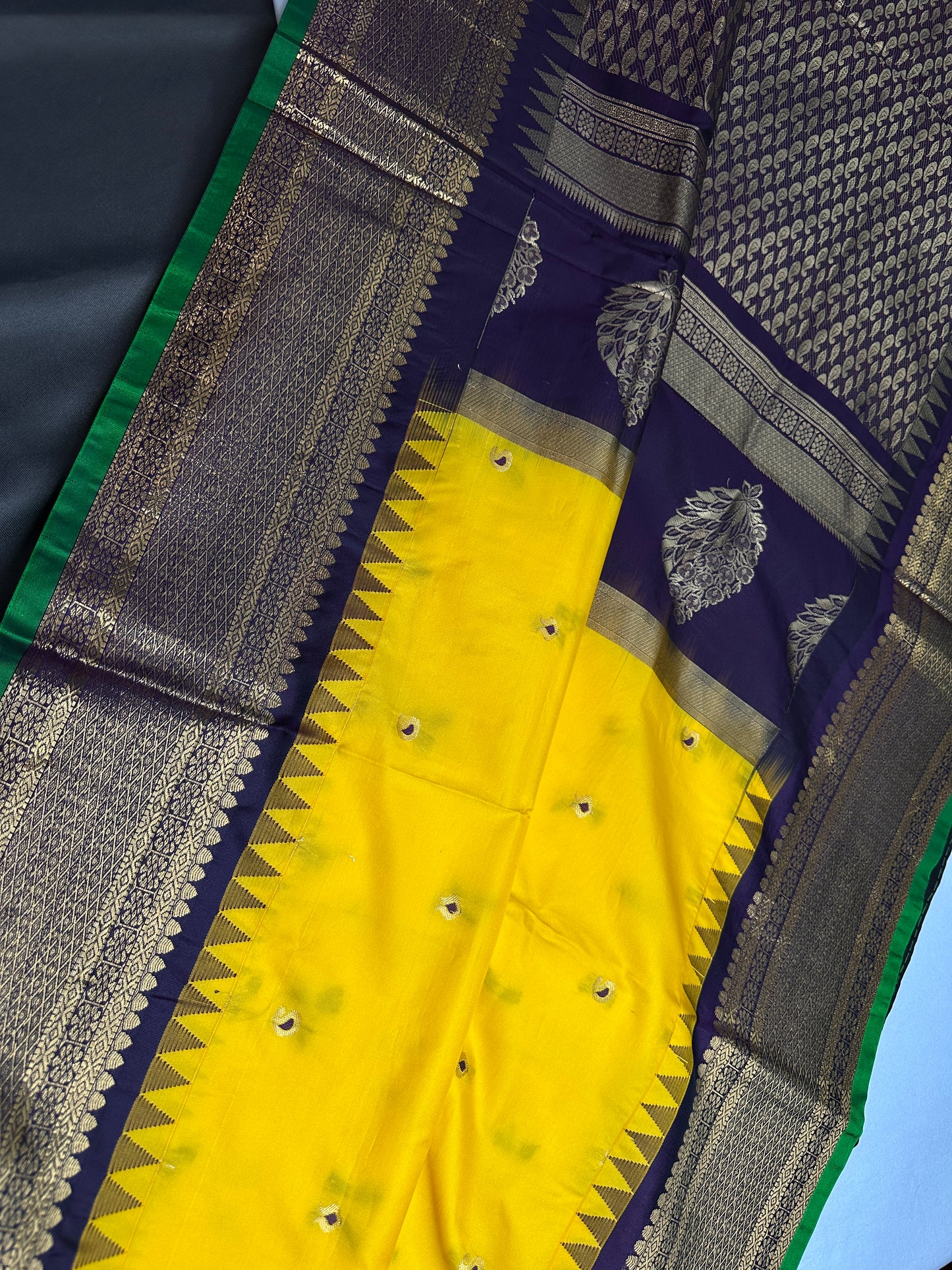 Gadwal Yellow Purple Pattu Soft Silk Saree - 