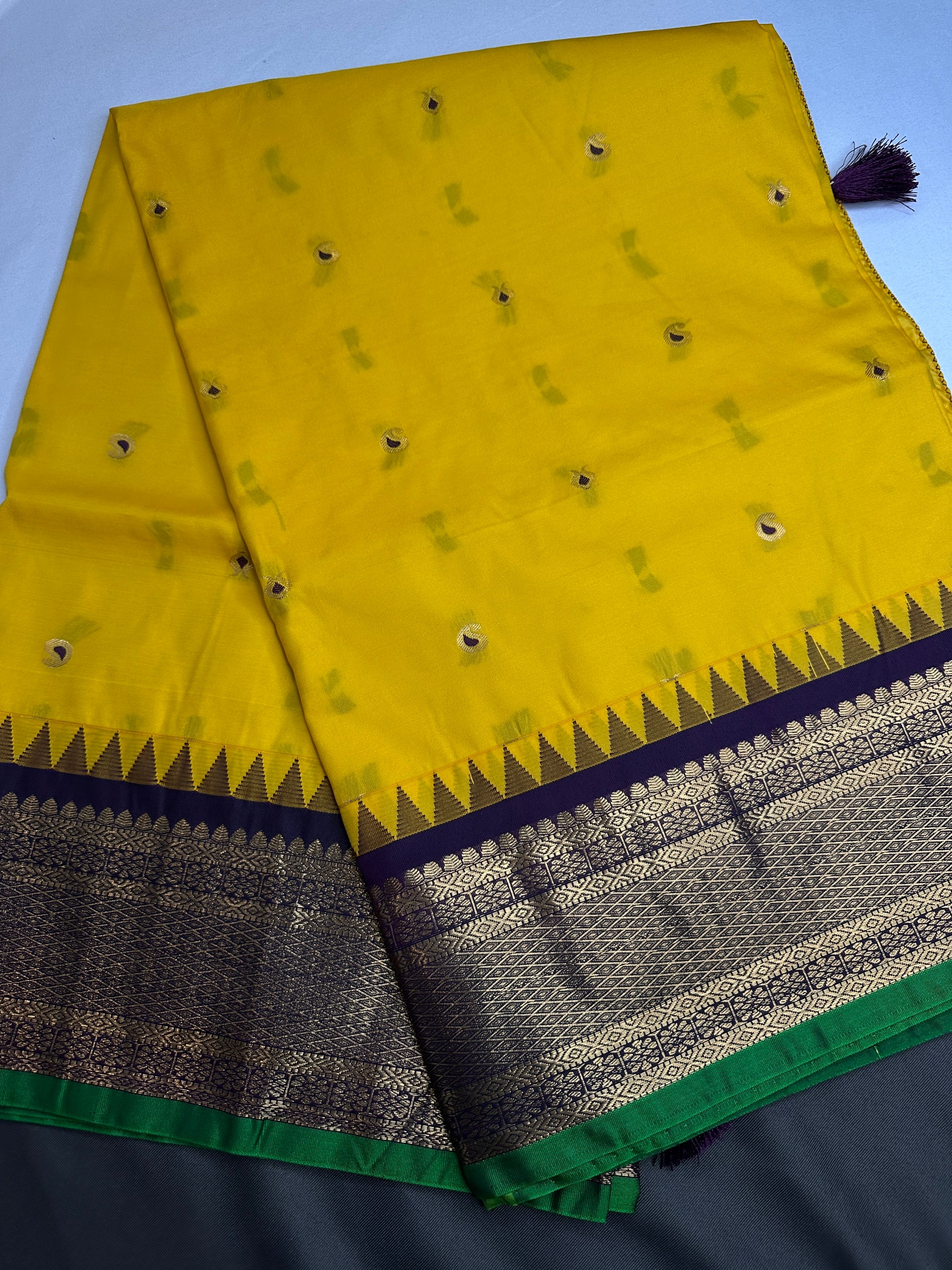 Gadwal Yellow Purple Pattu Soft Silk Saree - 