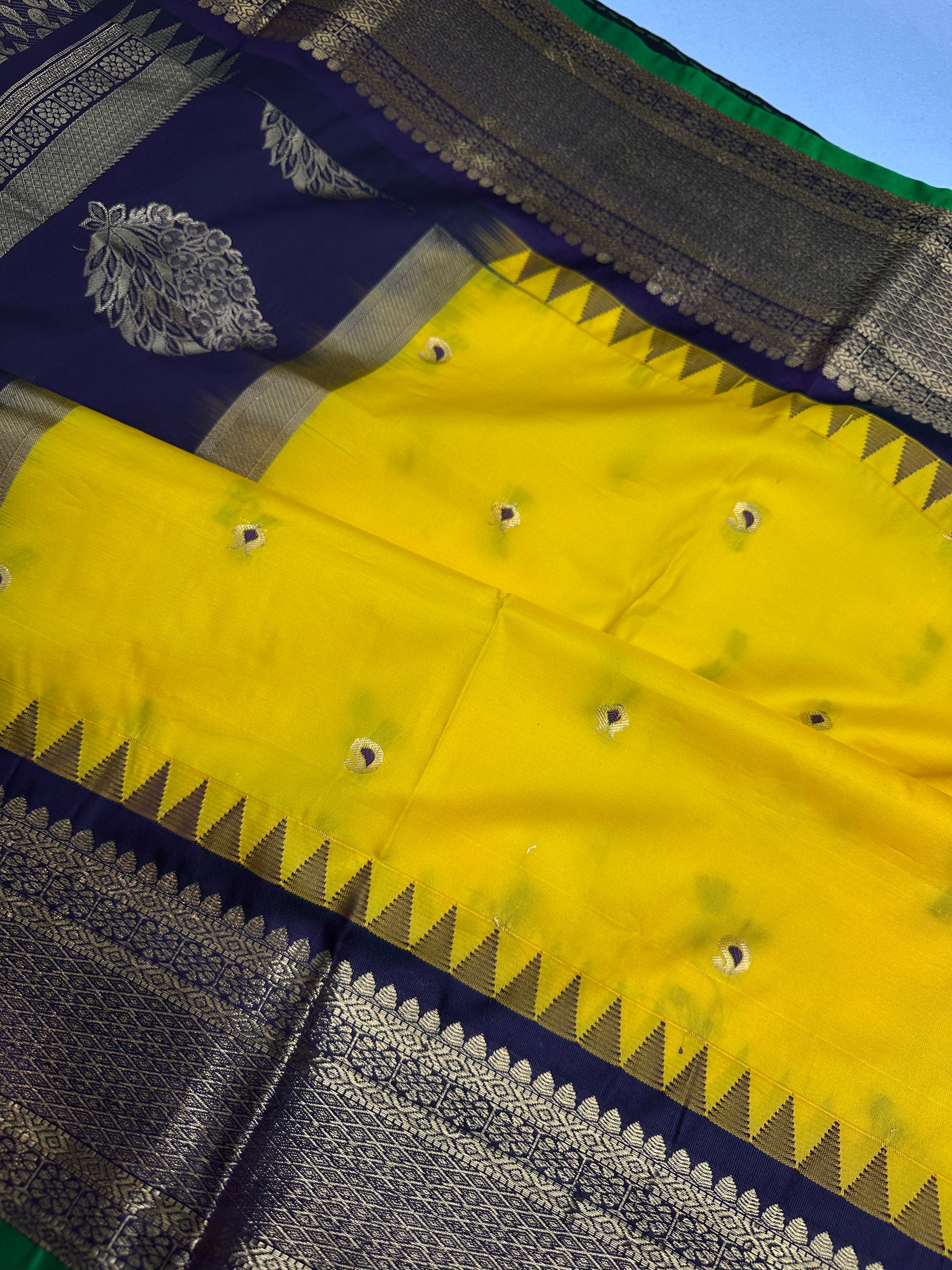 Gadwal Yellow Purple Pattu Soft Silk Saree - 