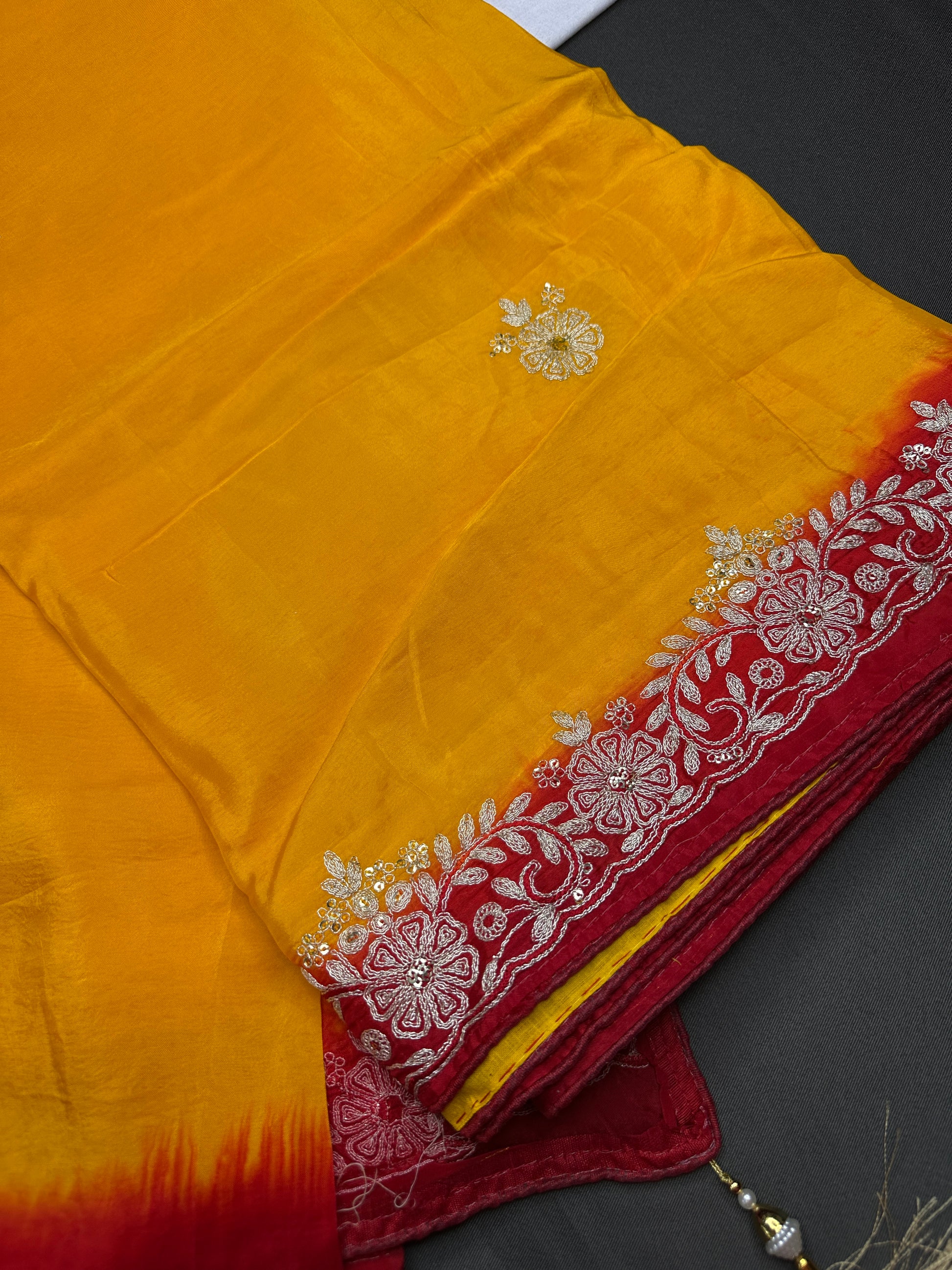 Yellow Crepe Saree With Aari Work - 