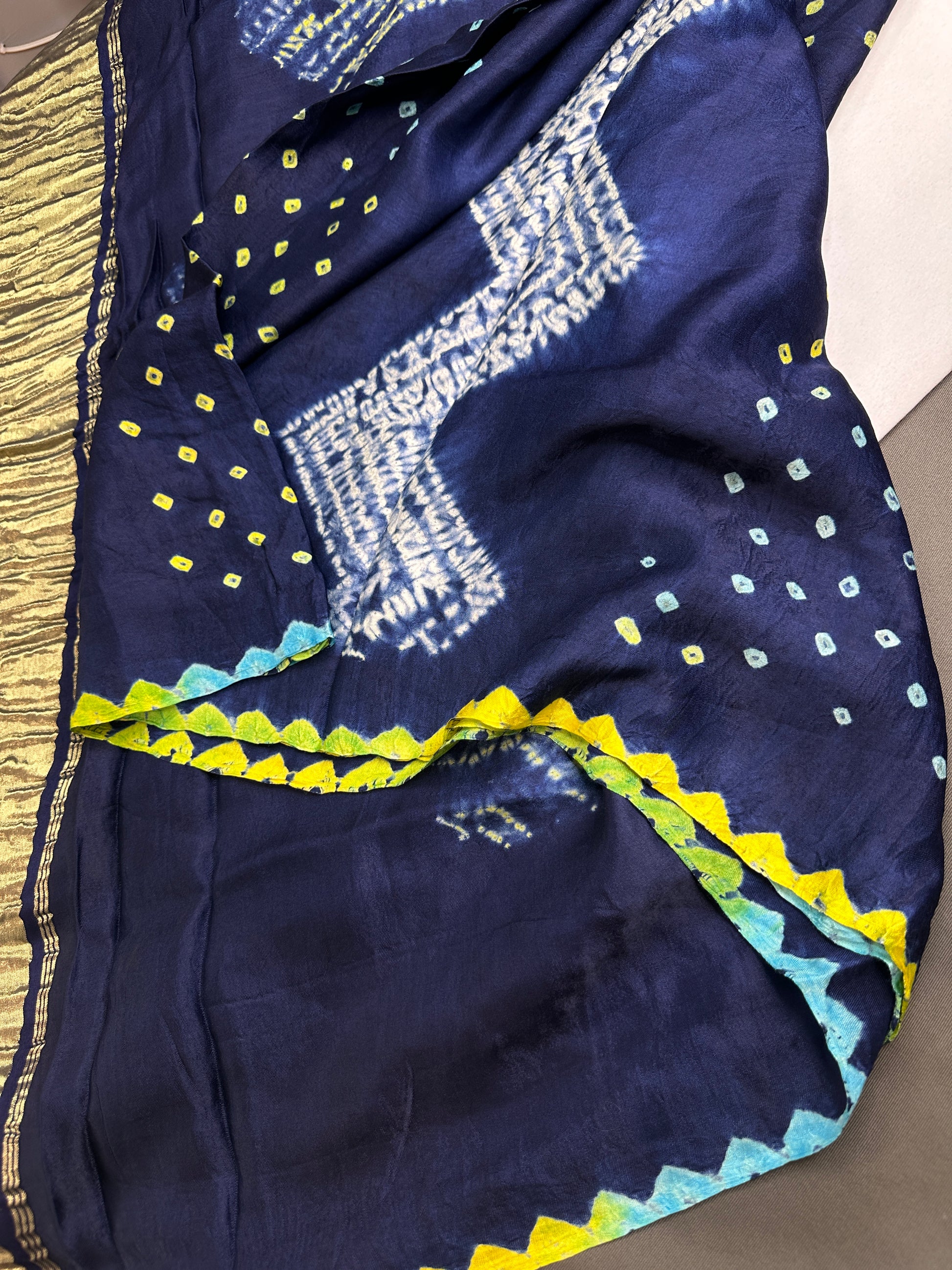 Shibori Bandhani Bhandej Blue Silk Saree - 
