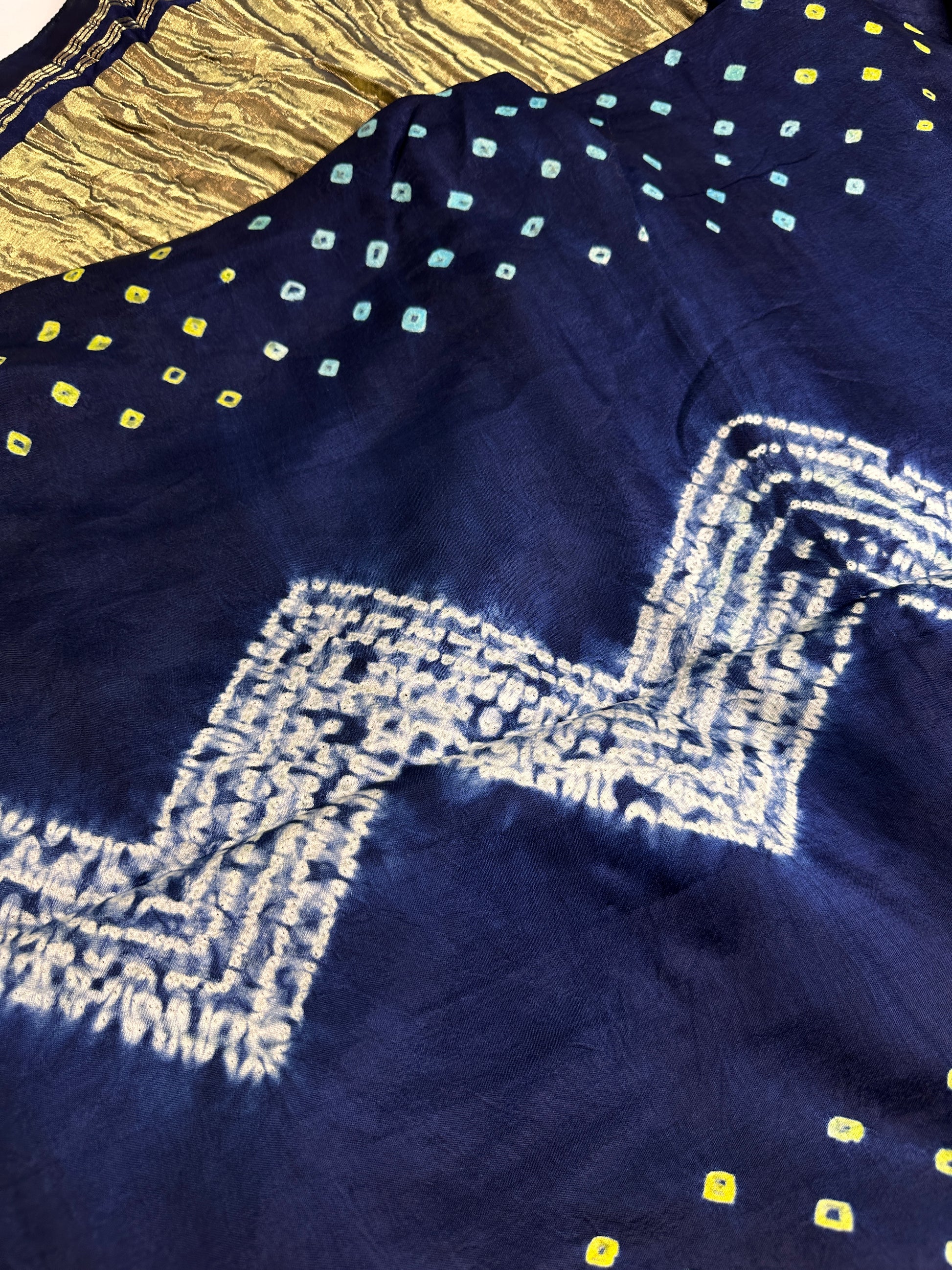 Shibori Bandhani Bhandej Blue Silk Saree - 