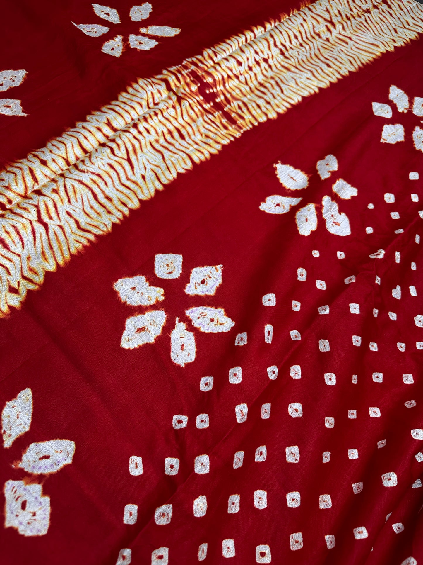 Shibori Bandhani Bhandej Red Silk Saree - 