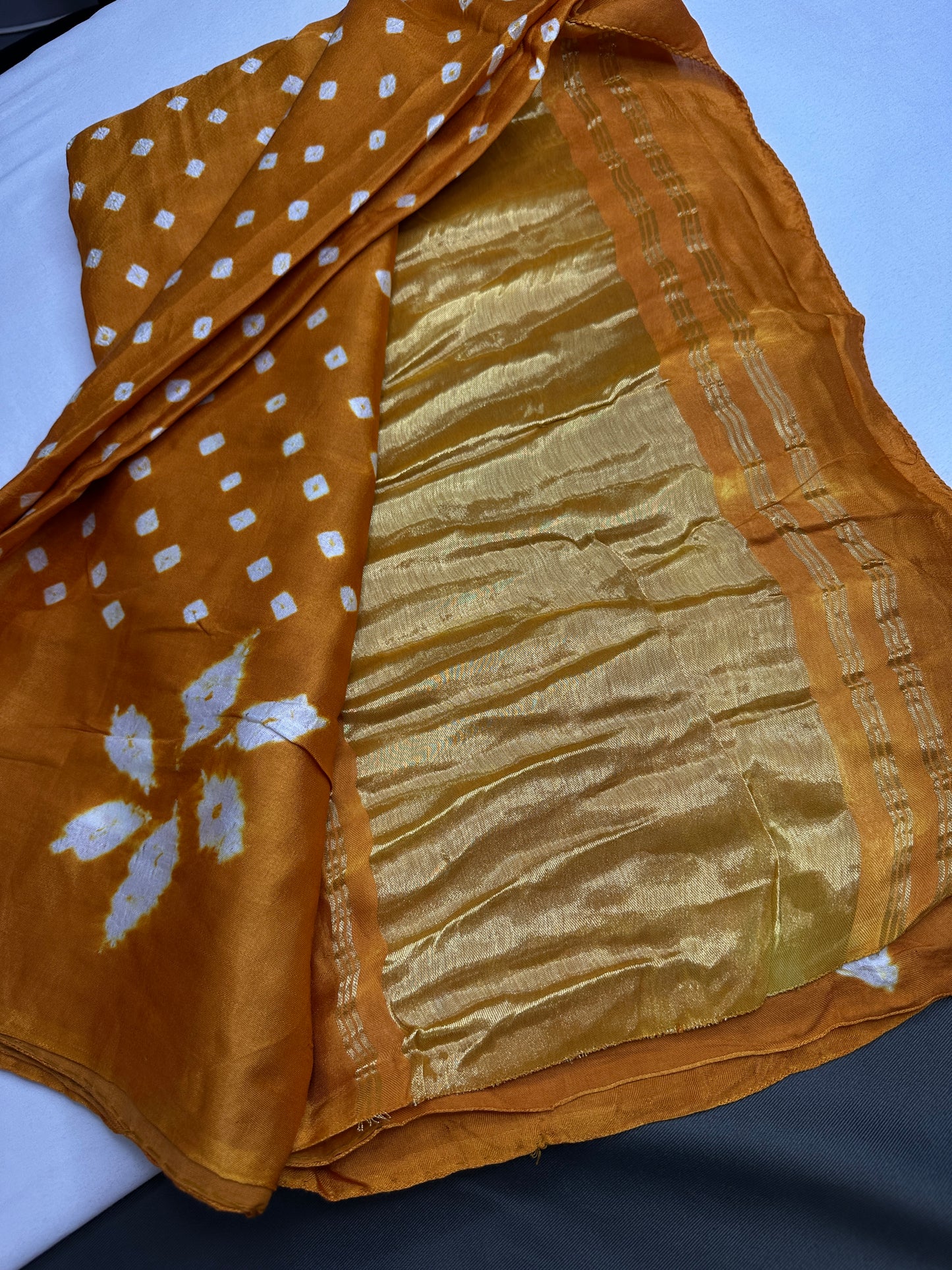 Shibori Bandhani Bhandej Mustard Silk Saree - 