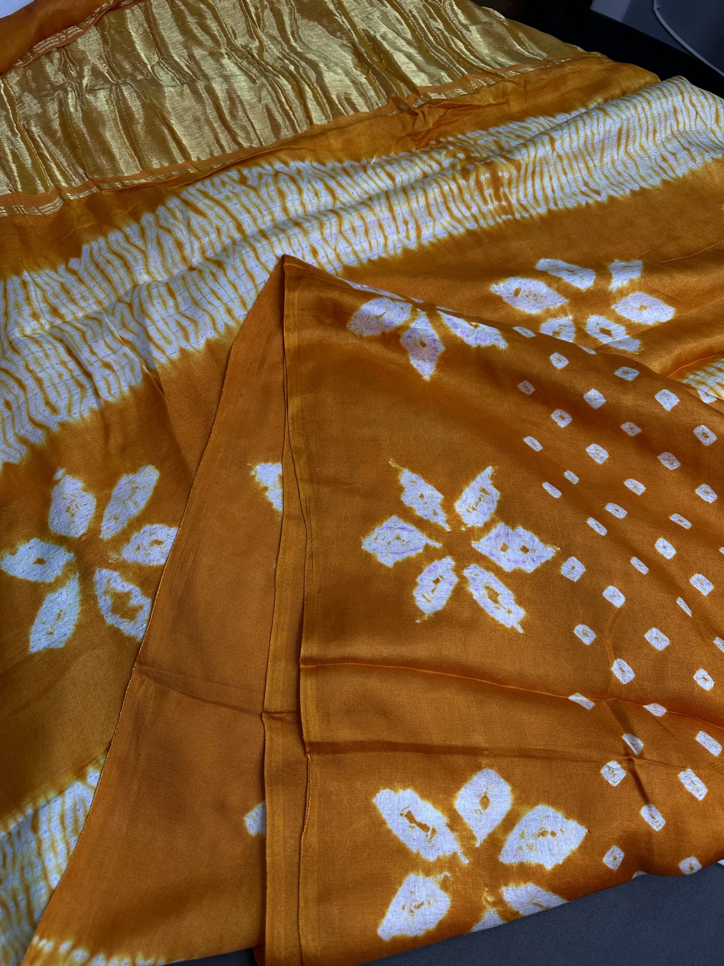 Shibori Bandhani Bhandej Mustard Silk Saree - 