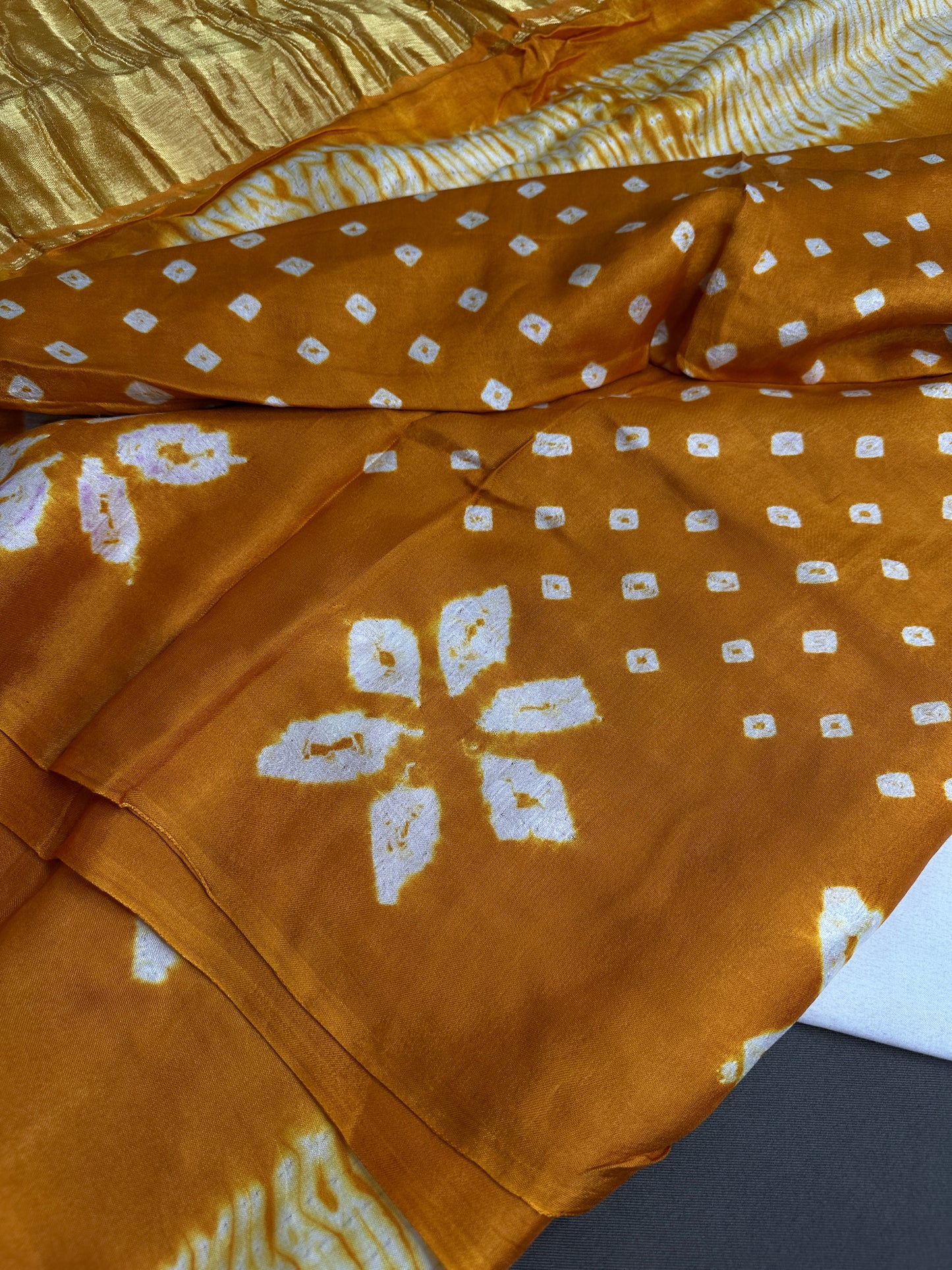 Shibori Bandhani Bhandej Mustard Silk Saree - 